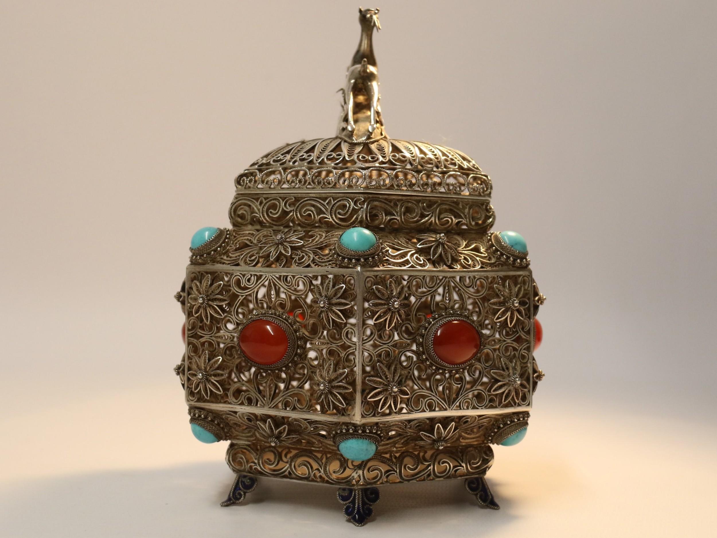 19th Century Indian Silver Filigree Work Incense Burner with Mounted Cabochons For Sale 2