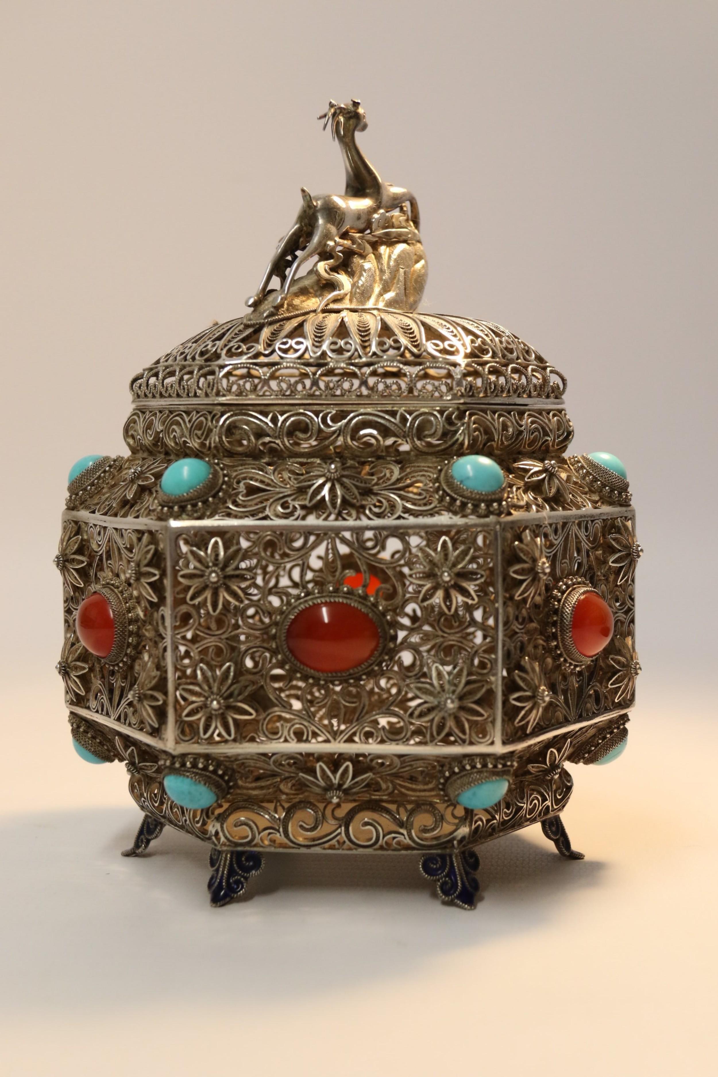 19th Century Indian Silver Filigree Work Incense Burner with Mounted Cabochons For Sale 3