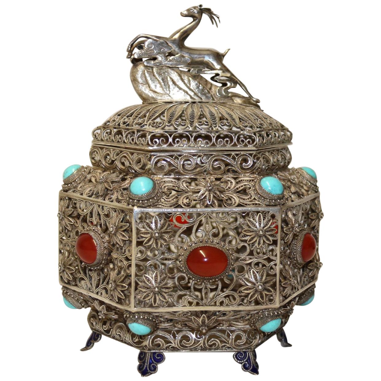 19th Century Indian Silver Filigree Work Incense Burner with Mounted Cabochons For Sale
