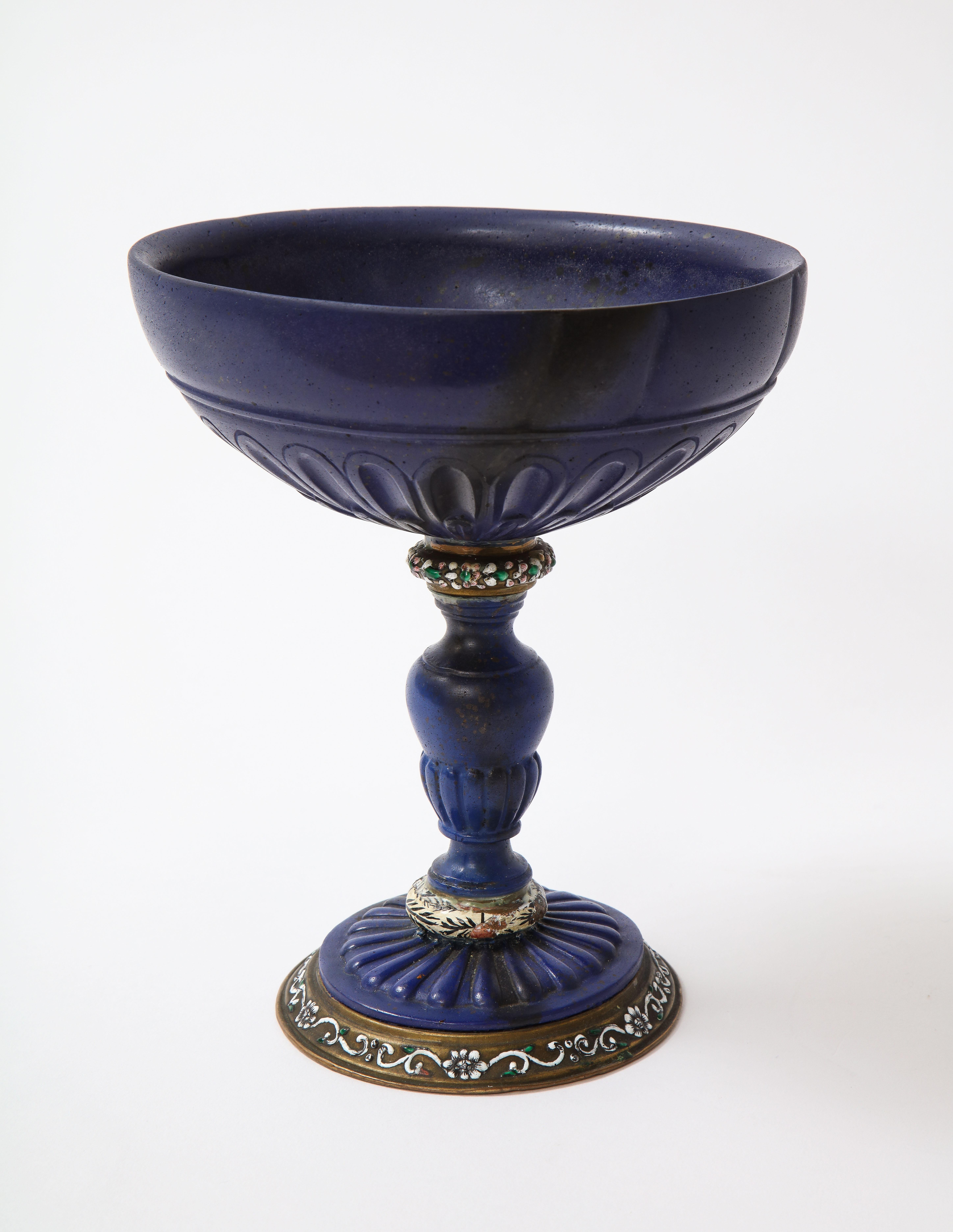 A 19th C. Italian Dore Bronze Mounted Champlevé Enamel & Lapis Lazuli Coupe In Good Condition For Sale In New York, NY