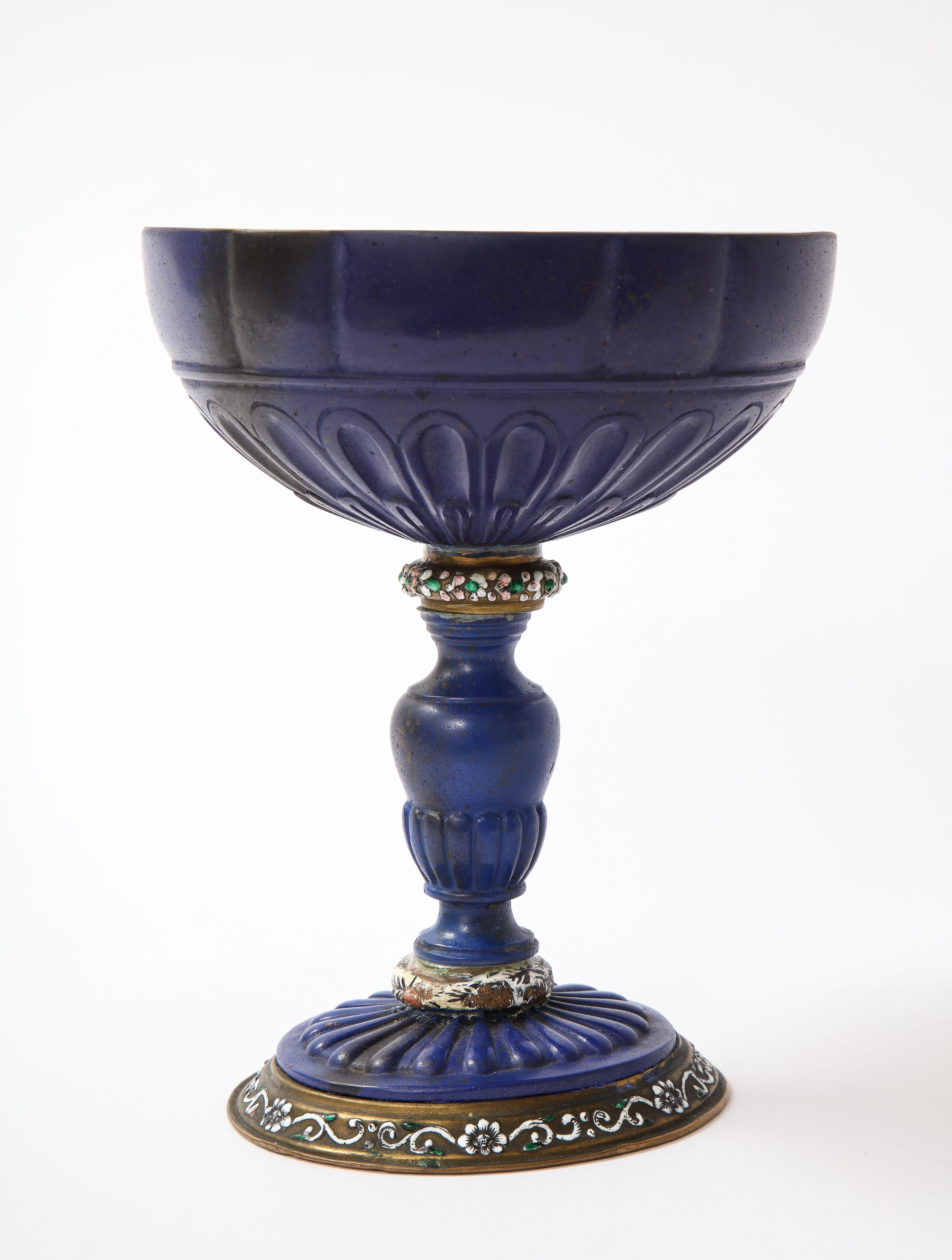 A 19th C. Italian Dore Bronze Mounted Champlevé Enamel & Lapis Lazuli Coupe For Sale 1