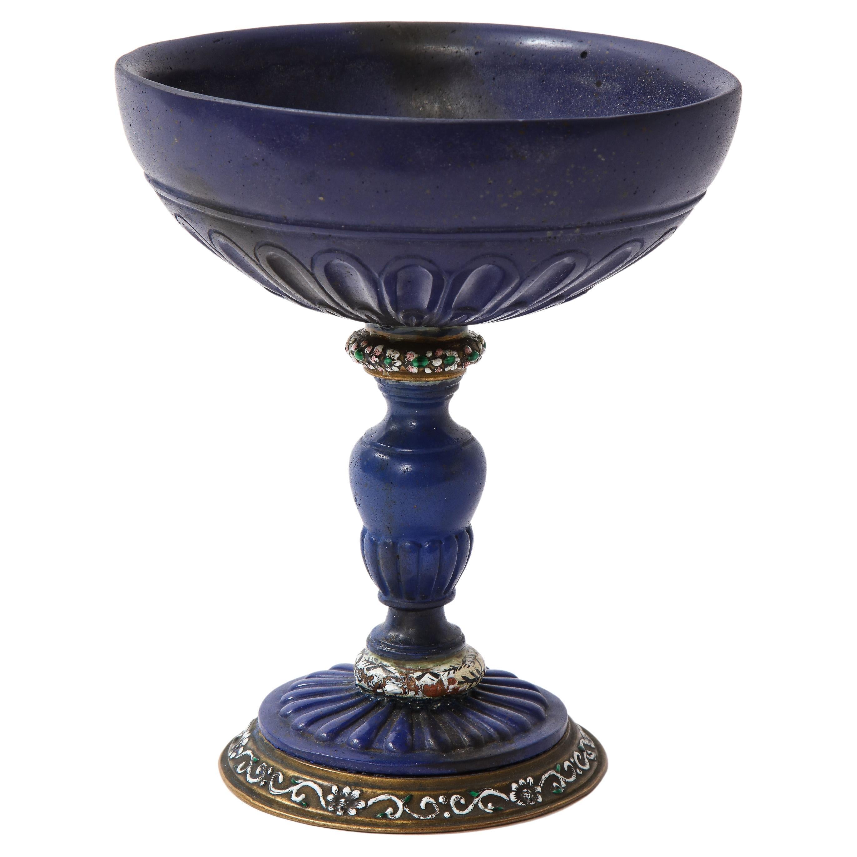 A 19th C. Italian Dore Bronze Mounted Champlevé Enamel & Lapis Lazuli Coupe