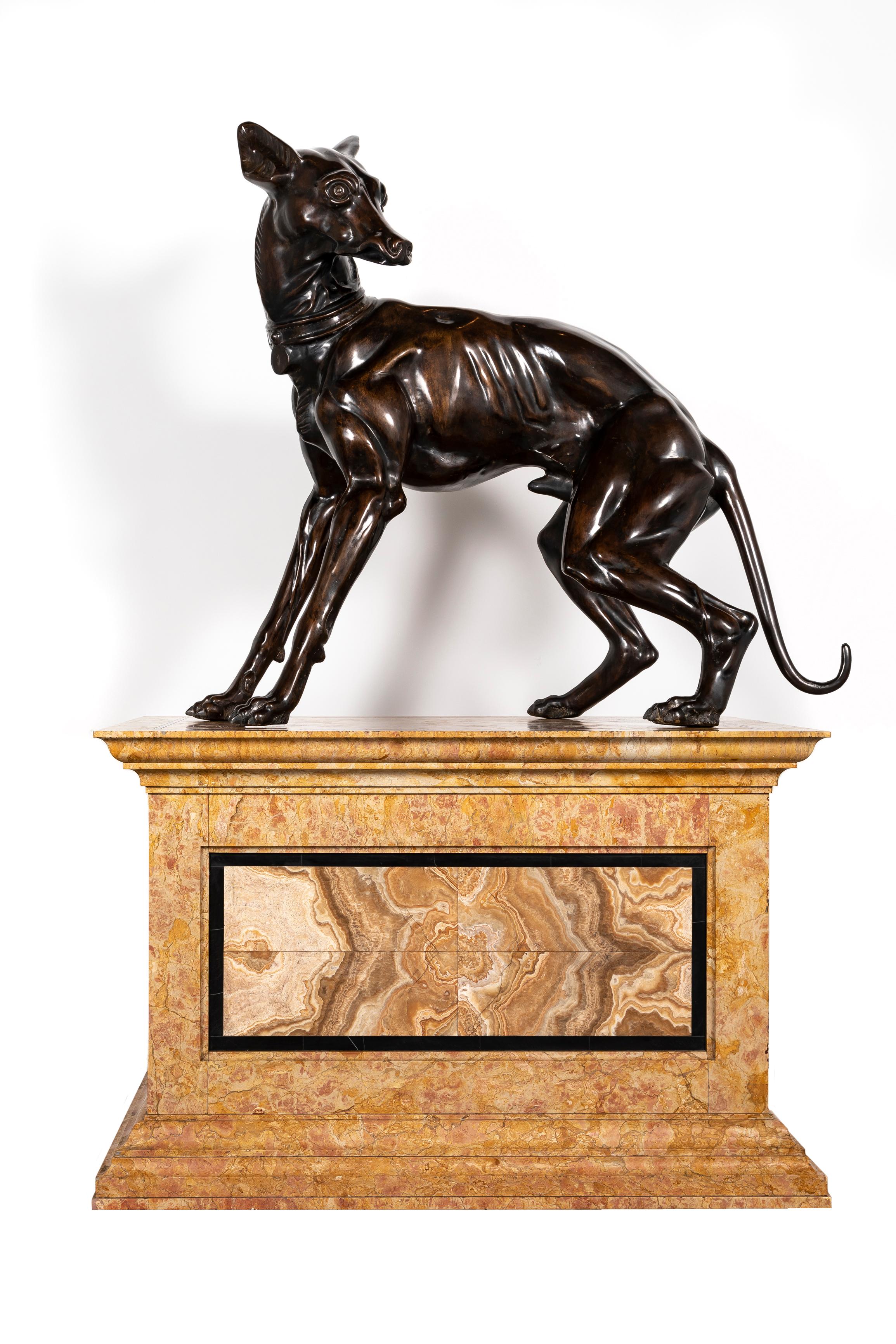 Sculpté à la main Paire de chiens de lévrier en bronze patiné du 19e siècle sur socles en marbre à gradins en vente