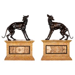 A.I.C. Coppia italiana di cani levrieri in bronzo patinato su basamenti in marmo a gradini