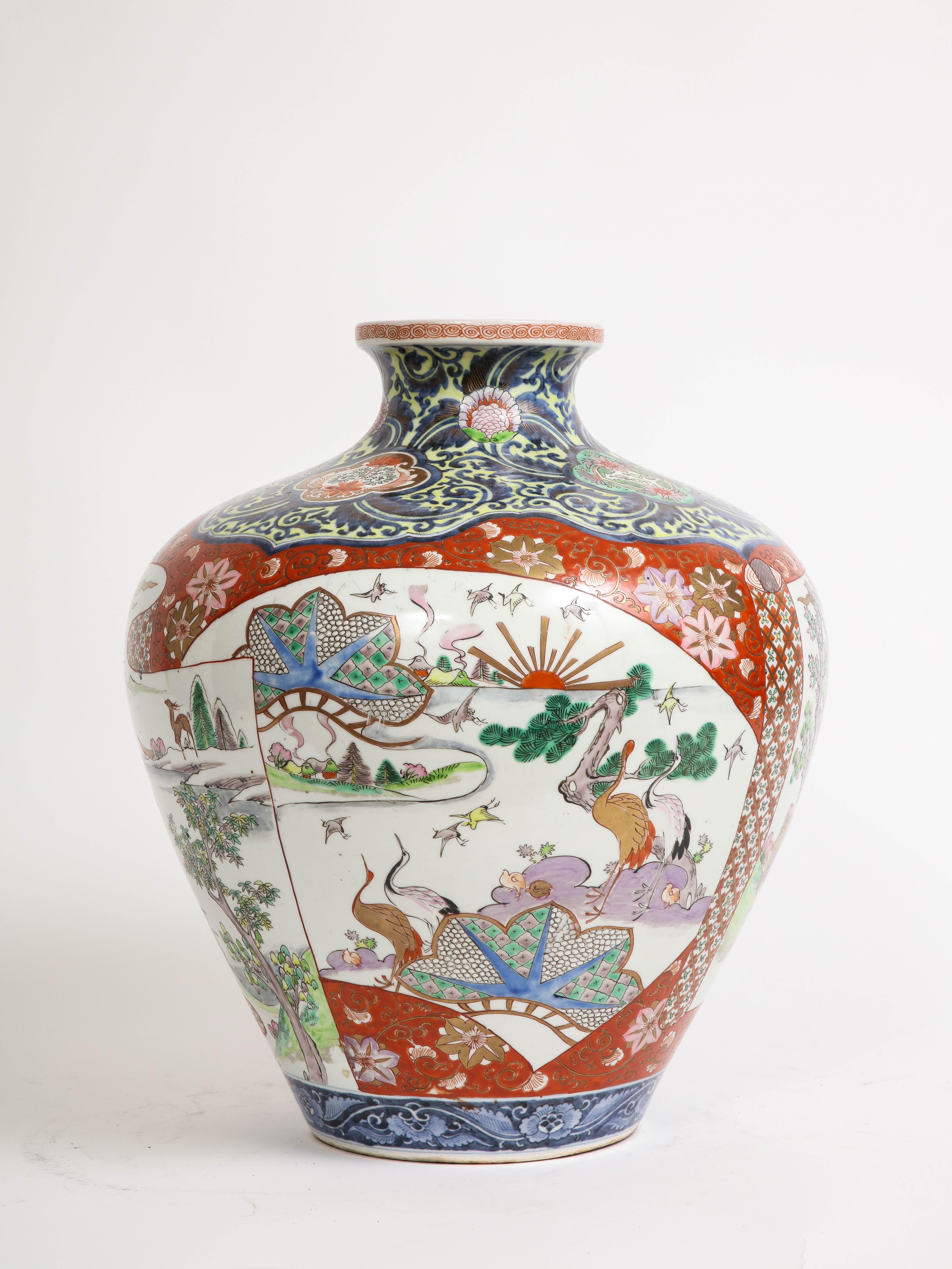 A 19th C. Japanese Porcelain Kutani Red Ground Scroll Cartouche Vase.  This stunning piece features a breathtaking pastoral scene, meticulously hand-painted on a shape reminiscent of an unwrapping scroll, showcasing the timeless beauty of