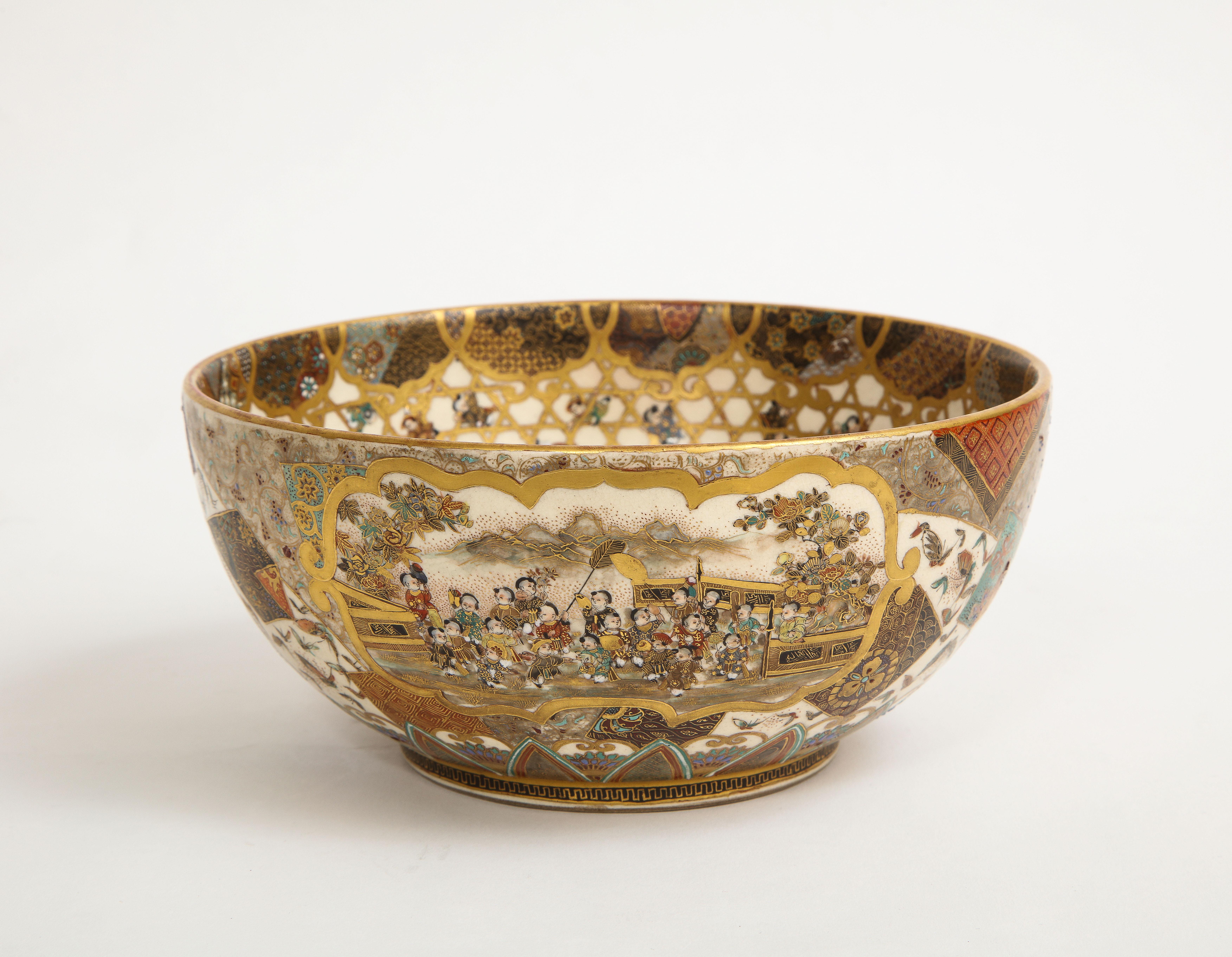 A fine quality 19th century Japanese Satsuma bowl from the Meiji Era, Most Probably by Meizan, Signed on Bottom with Characters. This is truly a stupendous piece. It is highly decorated in polychrome enamels and gilt throughout the interior and