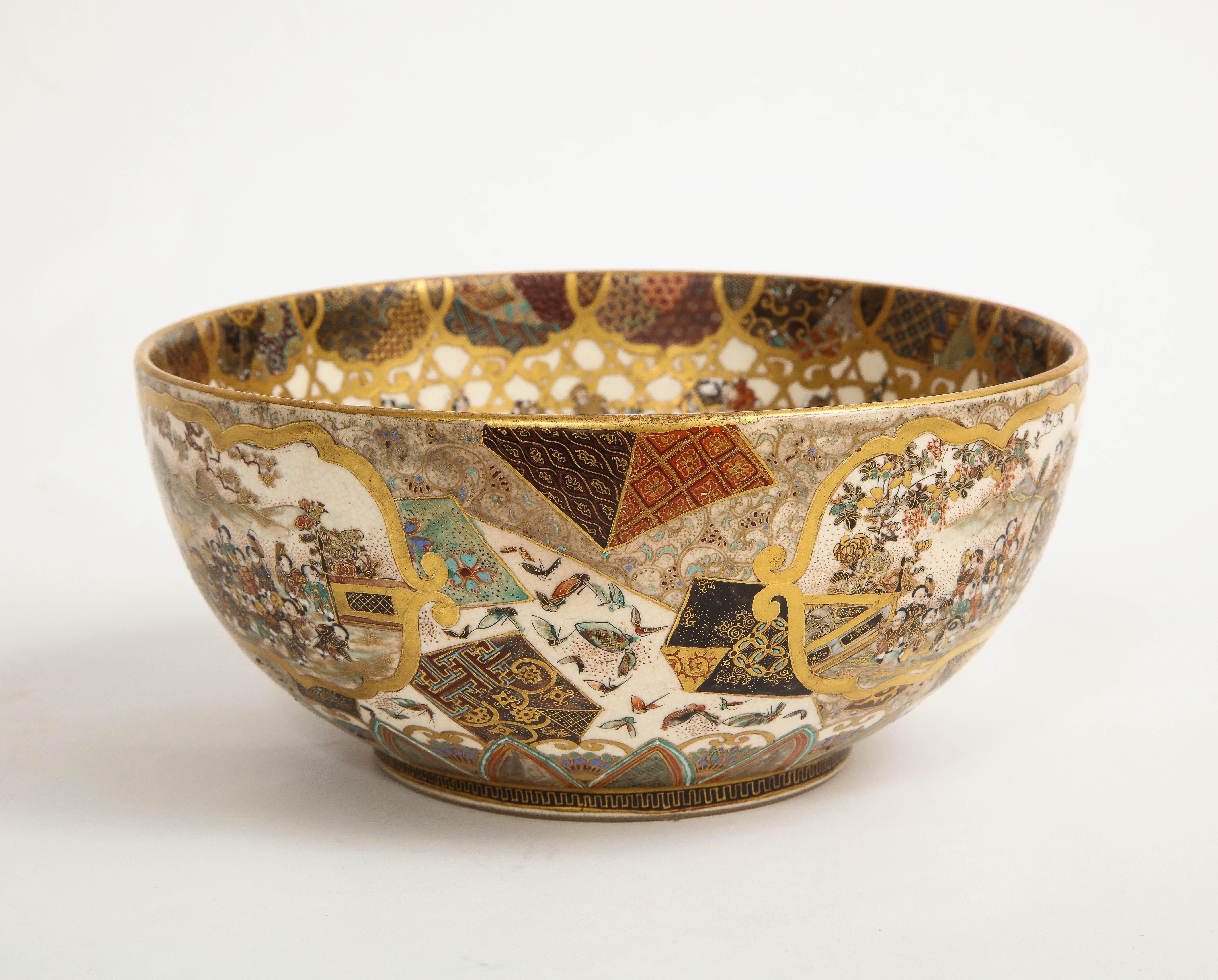 Late 19th Century 19th C. Japanese Satsuma Bowl, Meiji Era, Probably by Meizan, Signed on Bottom