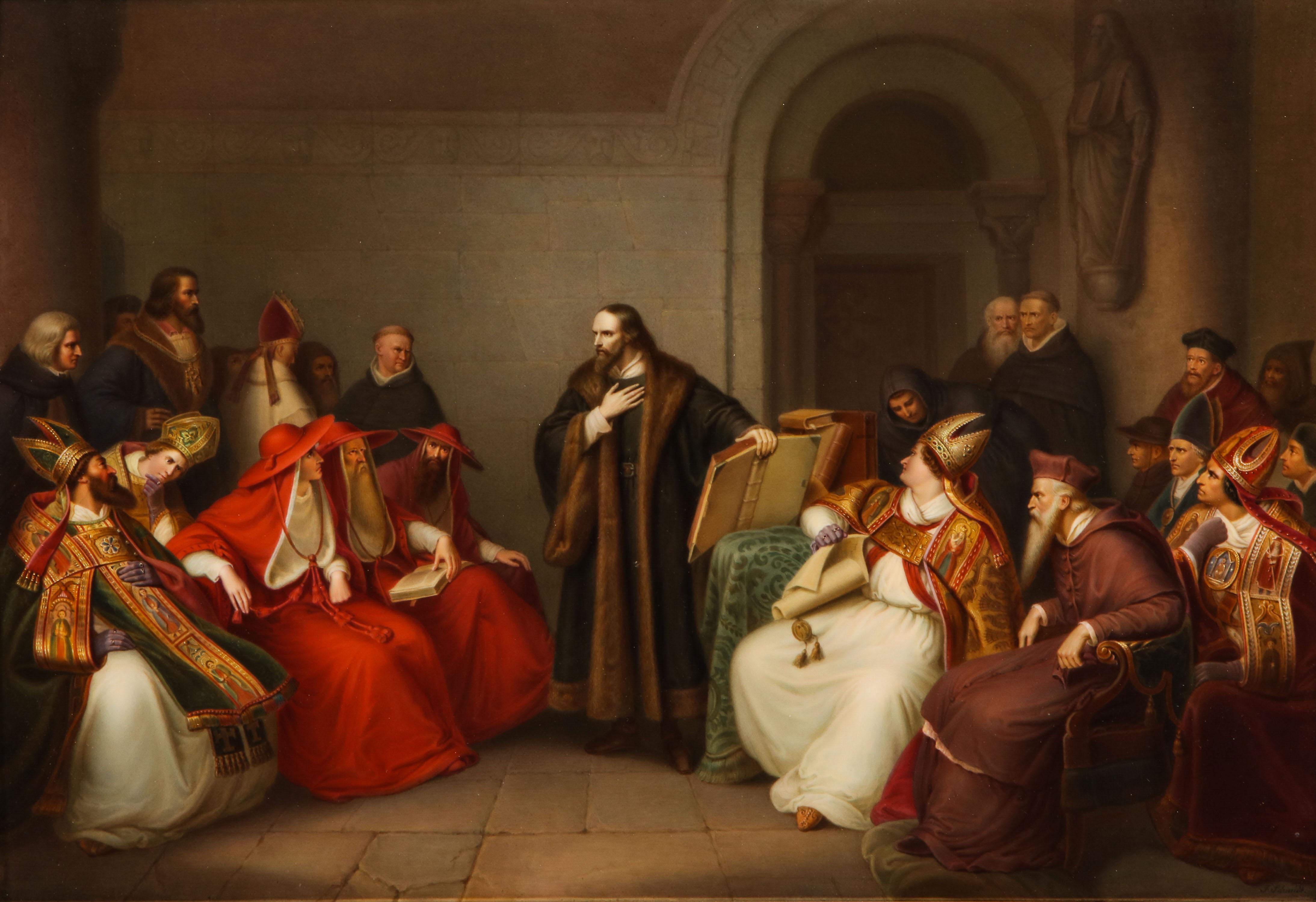 Targa KPM del XIX secolo raffigurante Jan Hus al Concilio di Costanza, originariamente di Karl Friedrich Lessing, con cornice originale in legno dorato.  La targa è sapientemente incorniciata in una cornice in legno dorato intagliata a mano, che