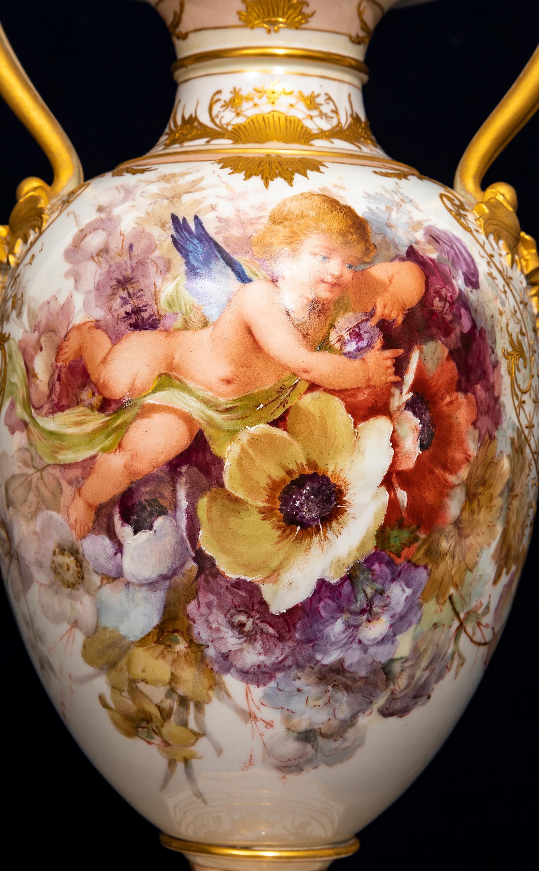 A 19th C. KPM Porcelain Weichmalerei Flower Decorated Double Snake Handle Vase 3