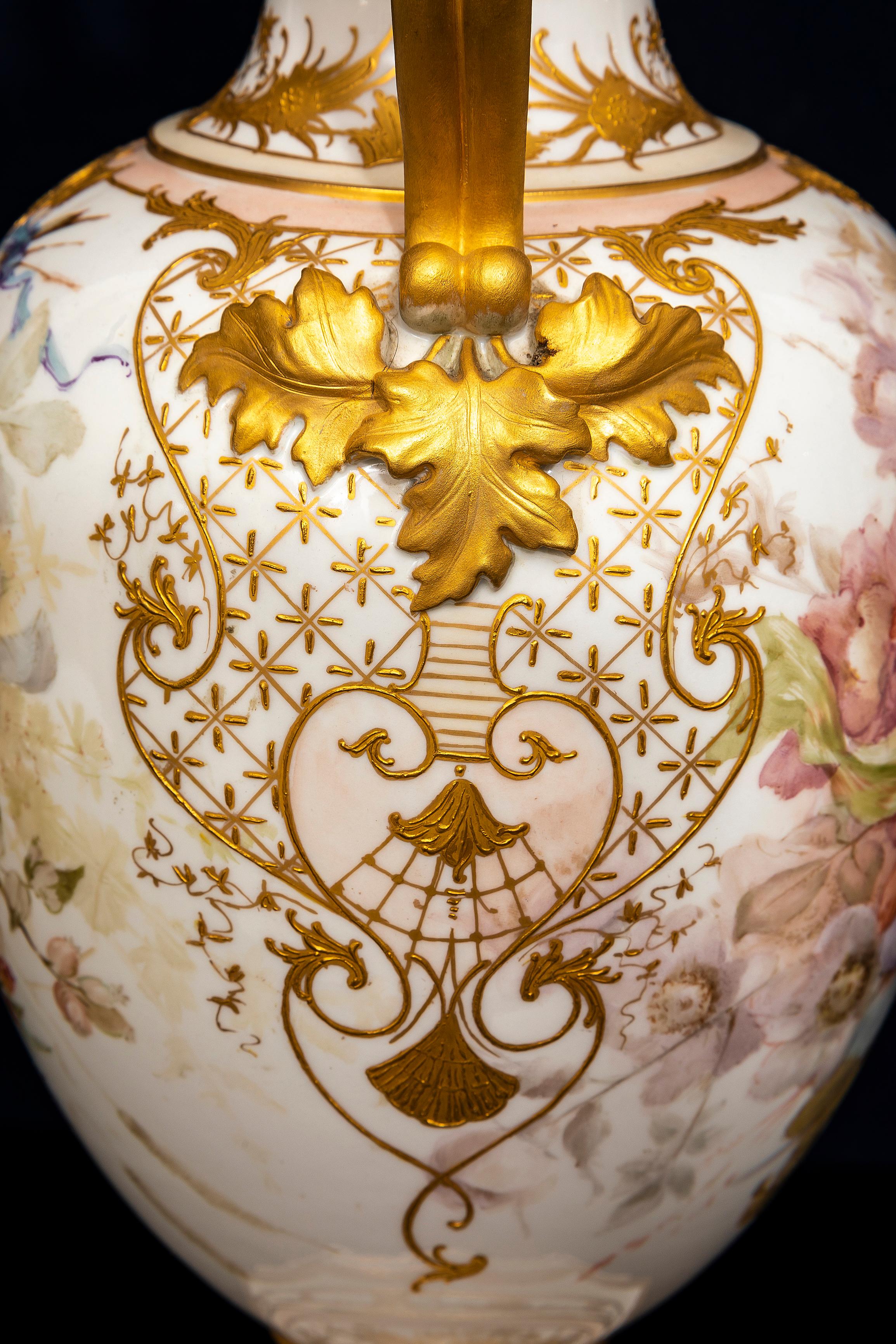 A 19th C. KPM Porcelain Weichmalerei Flower Decorated Double Snake Handle Vase 5