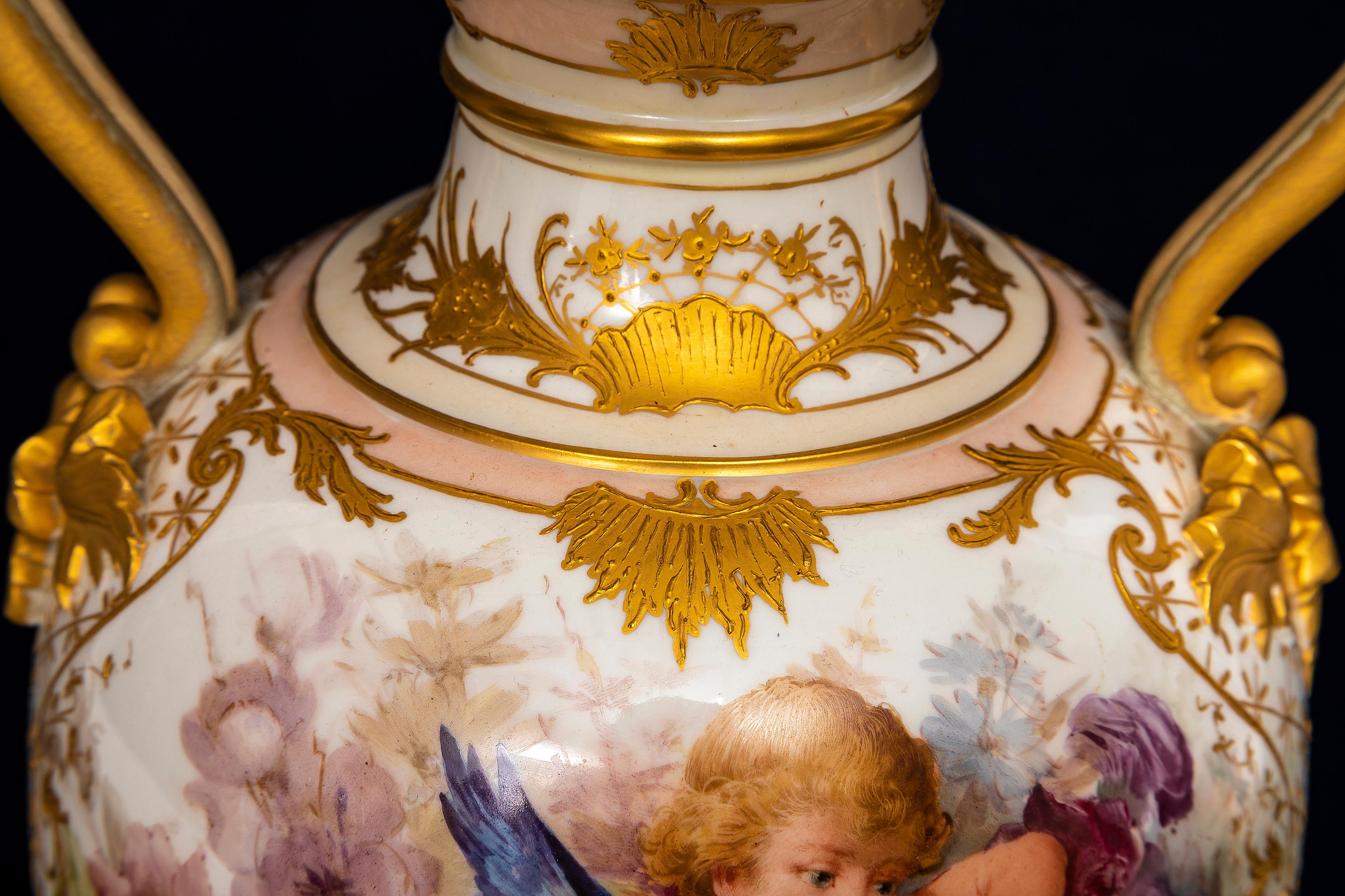 A 19th C. KPM Porcelain Weichmalerei Flower Decorated Double Snake Handle Vase 6