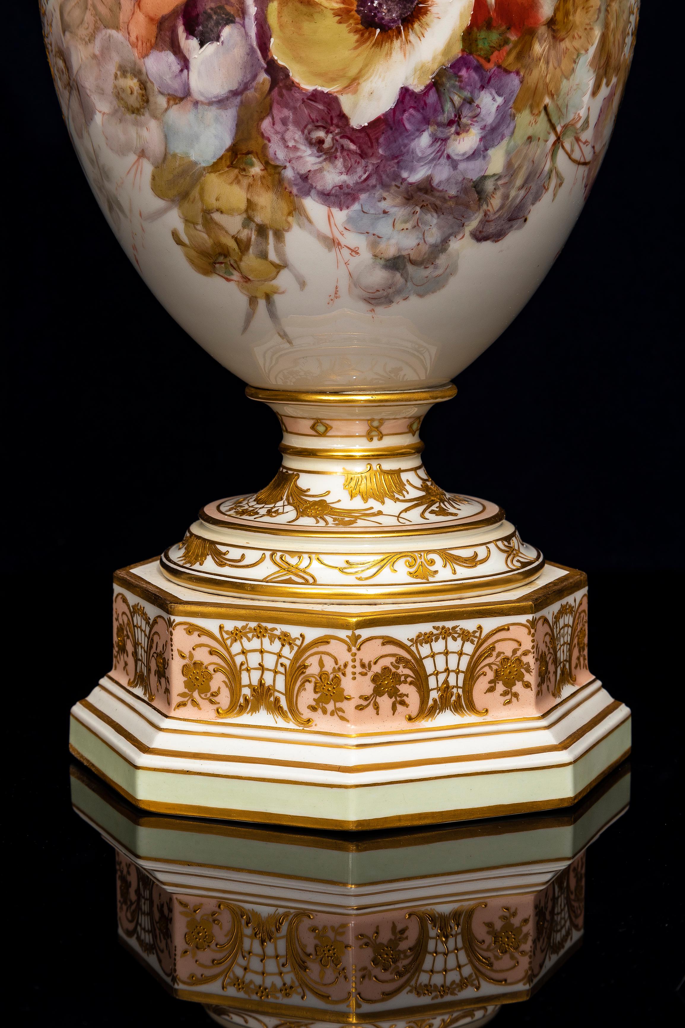 A 19th C. KPM Porcelain Weichmalerei Flower Decorated Double Snake Handle Vase 7