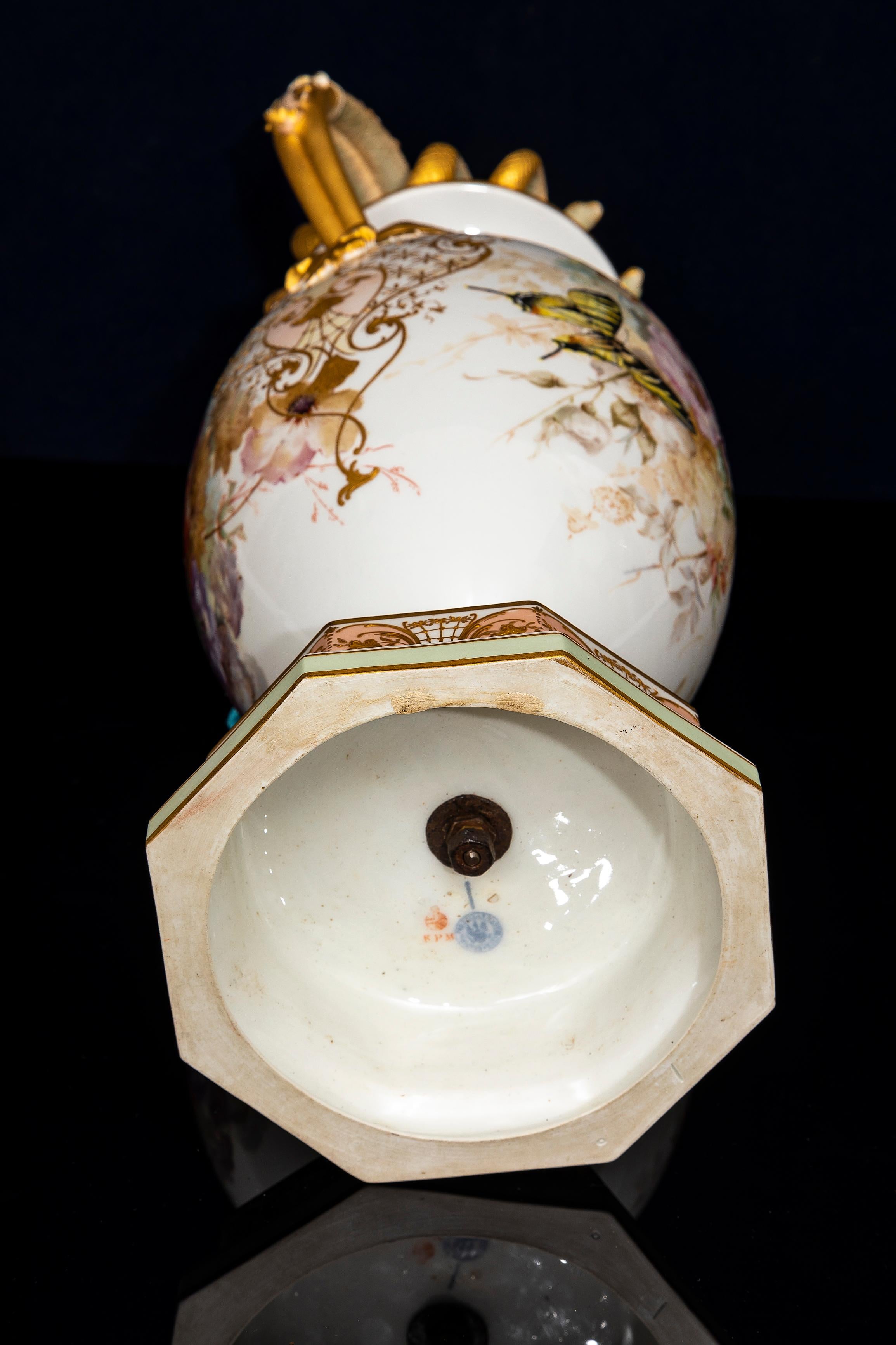 A 19th C. KPM Porcelain Weichmalerei Flower Decorated Double Snake Handle Vase 8