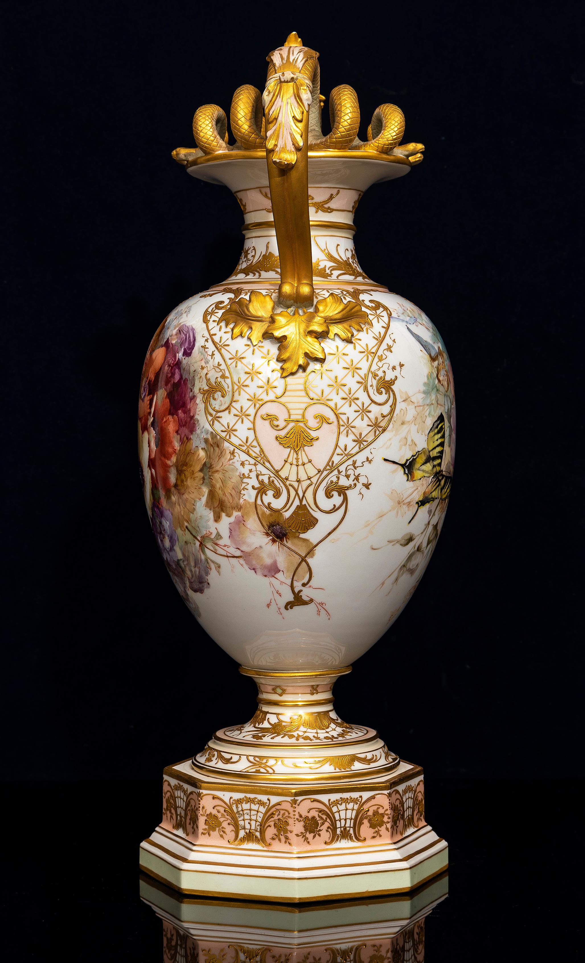 Louis XVI A 19th C. KPM Porcelain Weichmalerei Flower Decorated Double Snake Handle Vase