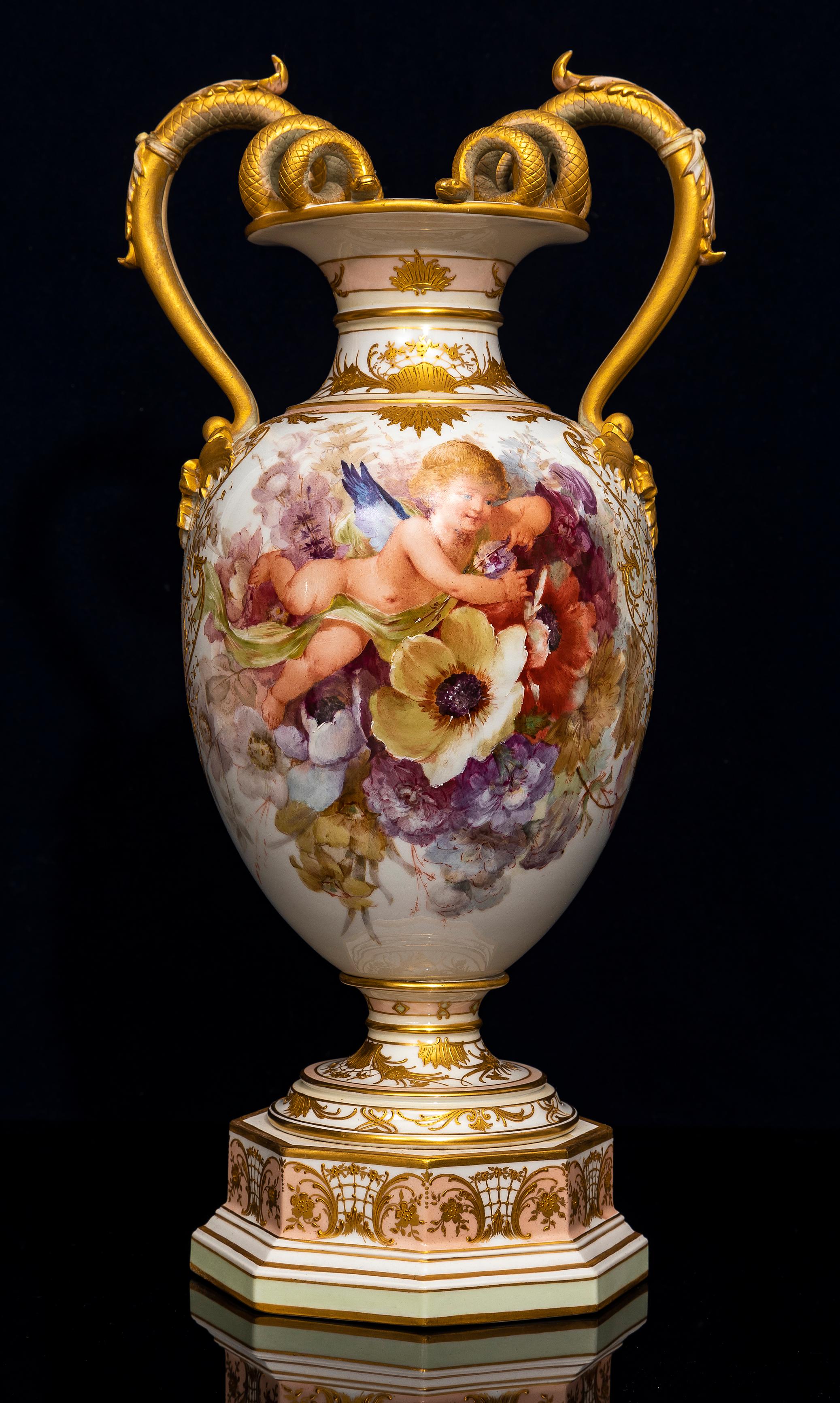 German A 19th C. KPM Porcelain Weichmalerei Flower Decorated Double Snake Handle Vase