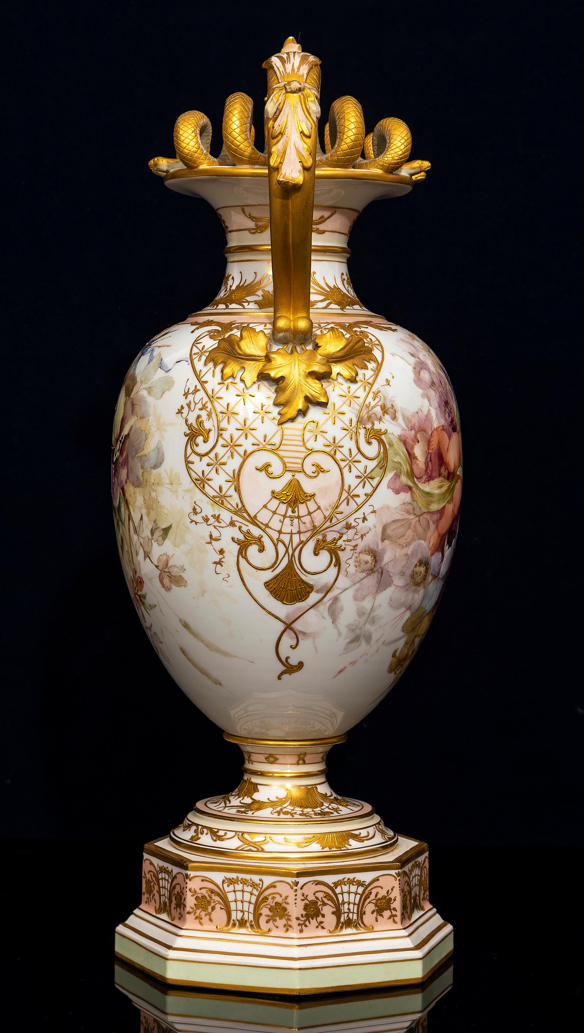 Hand-Carved A 19th C. KPM Porcelain Weichmalerei Flower Decorated Double Snake Handle Vase