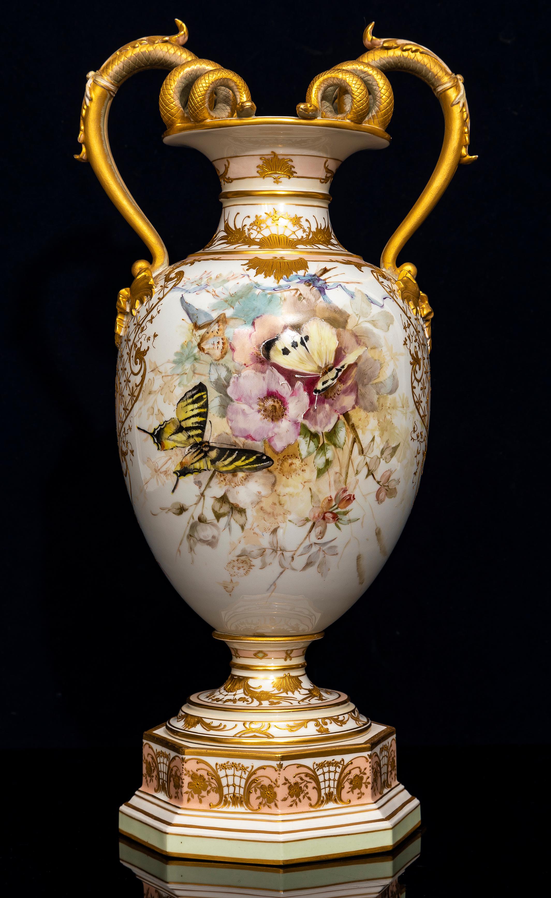 A 19th C. KPM Porcelain Weichmalerei Flower Decorated Double Snake Handle Vase In Good Condition In New York, NY