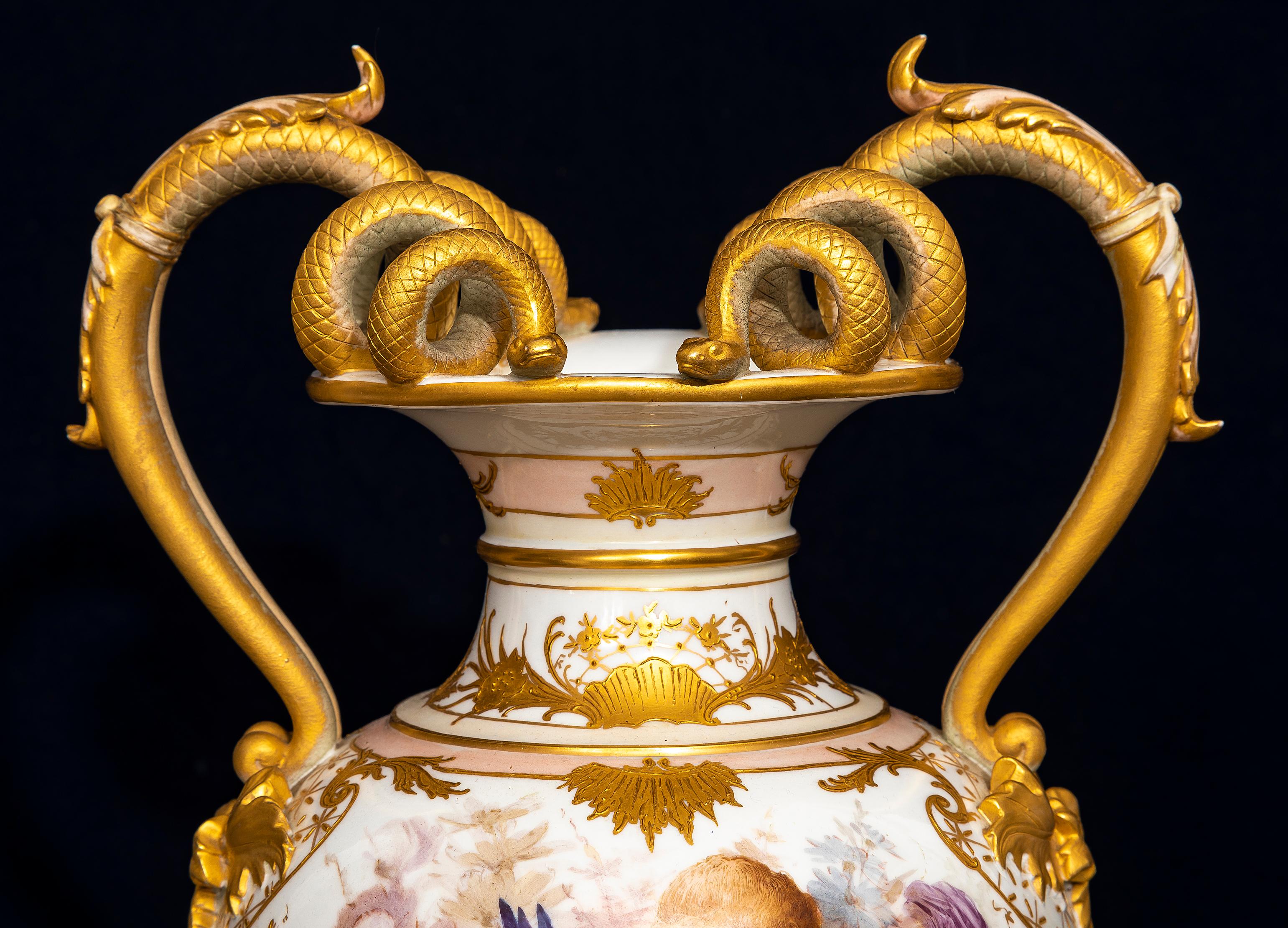 Mid-19th Century A 19th C. KPM Porcelain Weichmalerei Flower Decorated Double Snake Handle Vase
