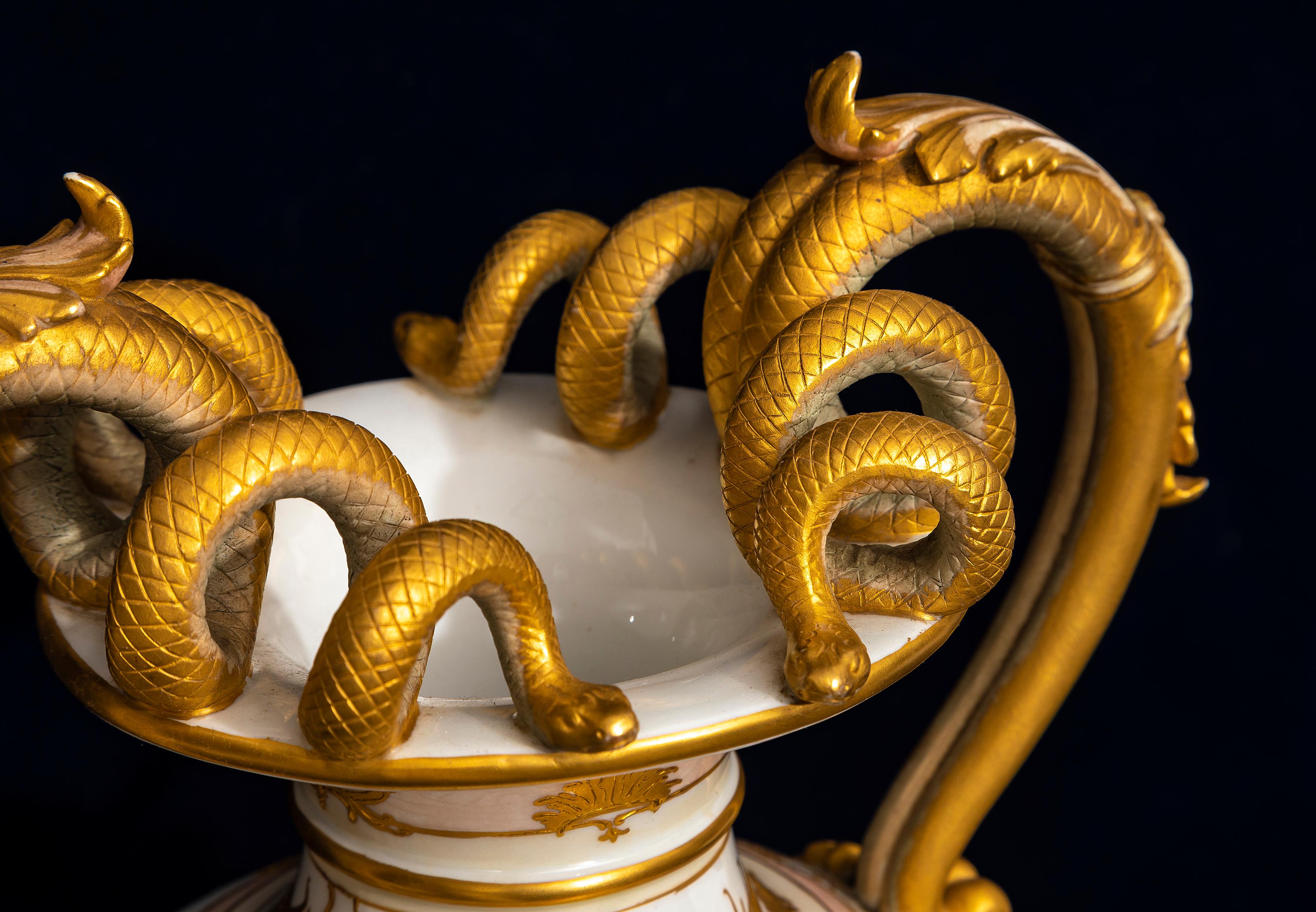 A 19th C. KPM Porcelain Weichmalerei Flower Decorated Double Snake Handle Vase 1