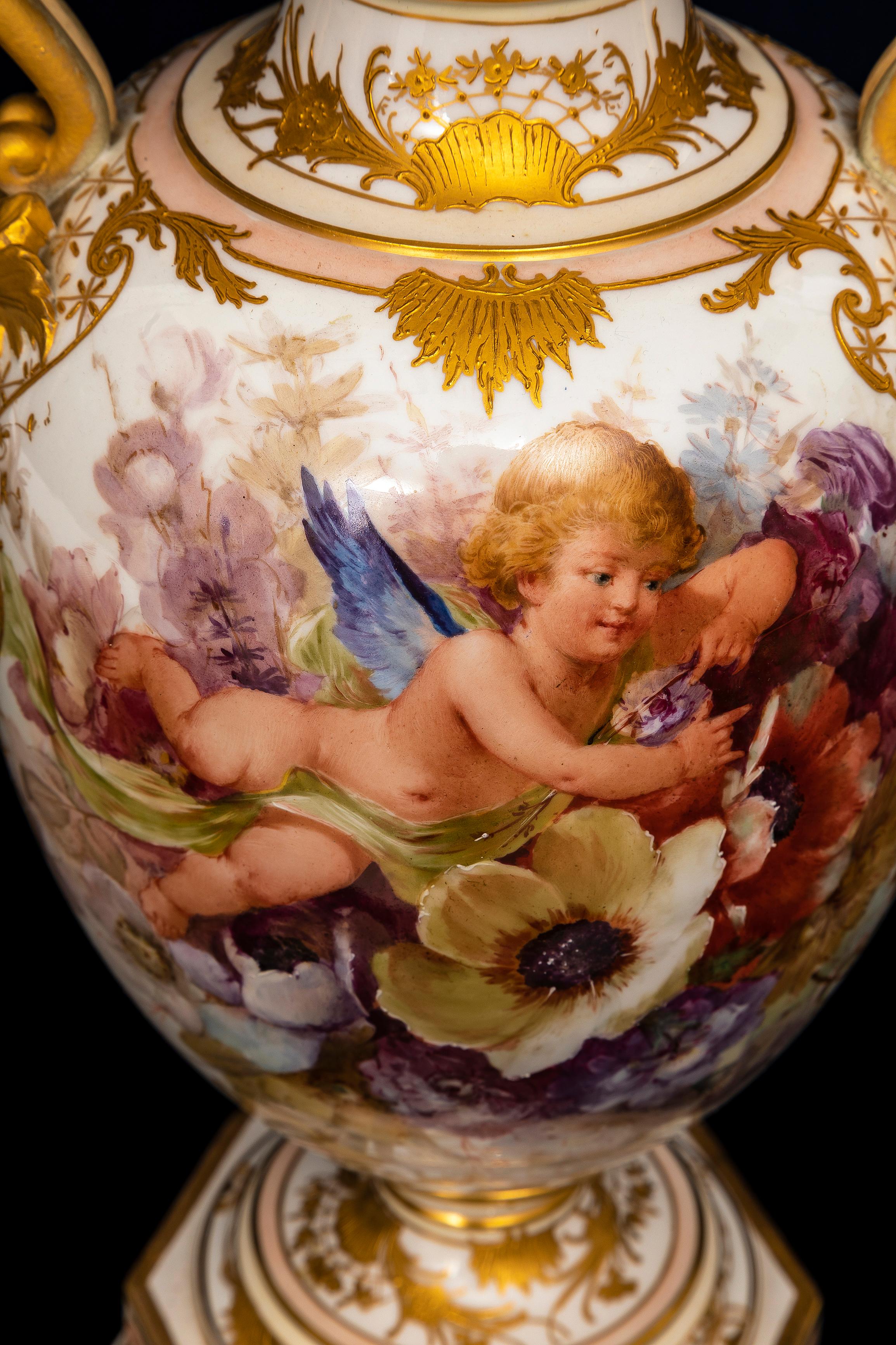 A 19th C. KPM Porcelain Weichmalerei Flower Decorated Double Snake Handle Vase 2