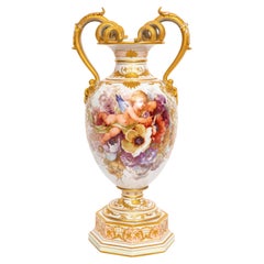 A 19th C. KPM Porcelain Weichmalerei Flower Decorated Double Snake Handle Vase