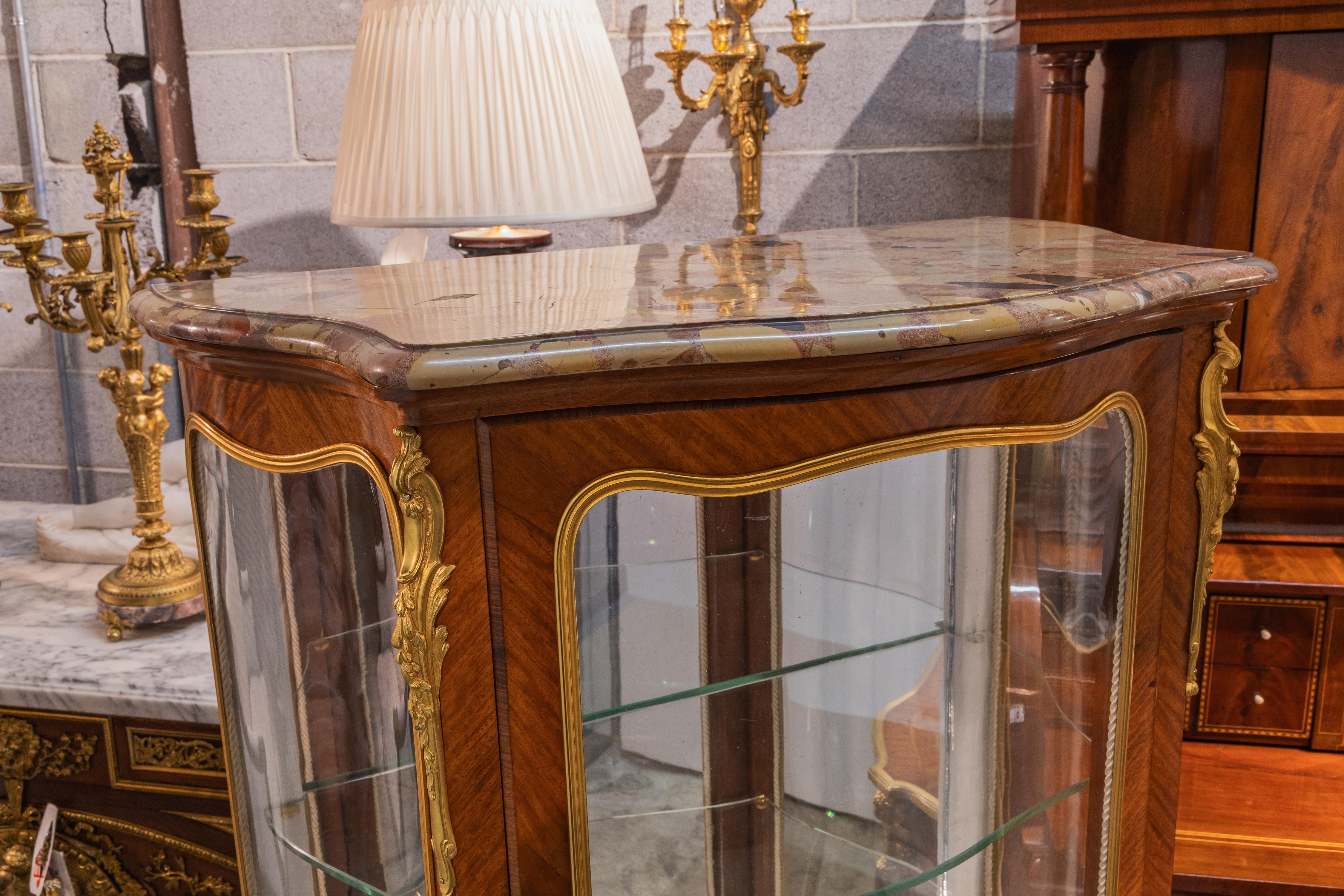 French A  19th c Louis XV  satinwood vitrine with floral marquetry signed E Leviell  For Sale