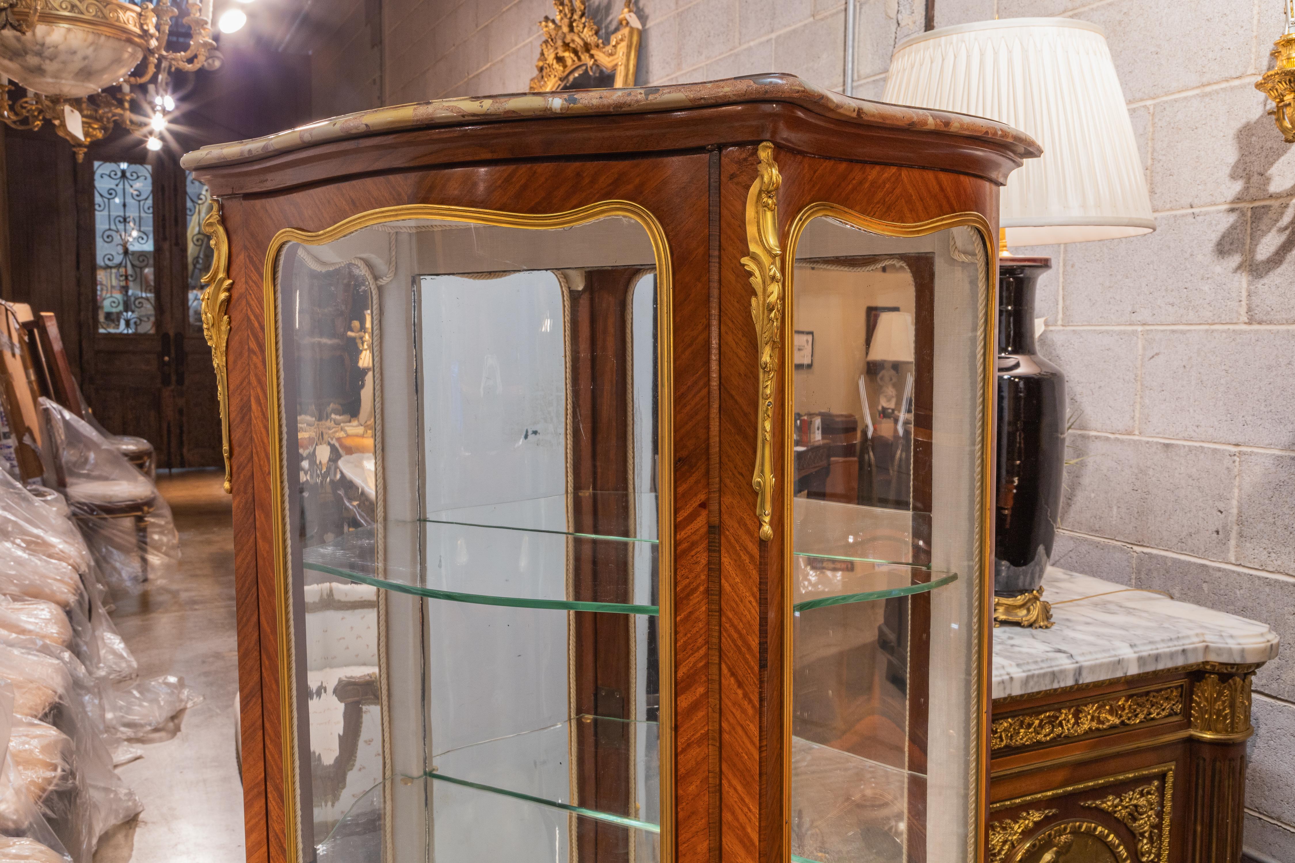 Marquetry A  19th c Louis XV  satinwood vitrine with floral marquetry signed E Leviell  For Sale