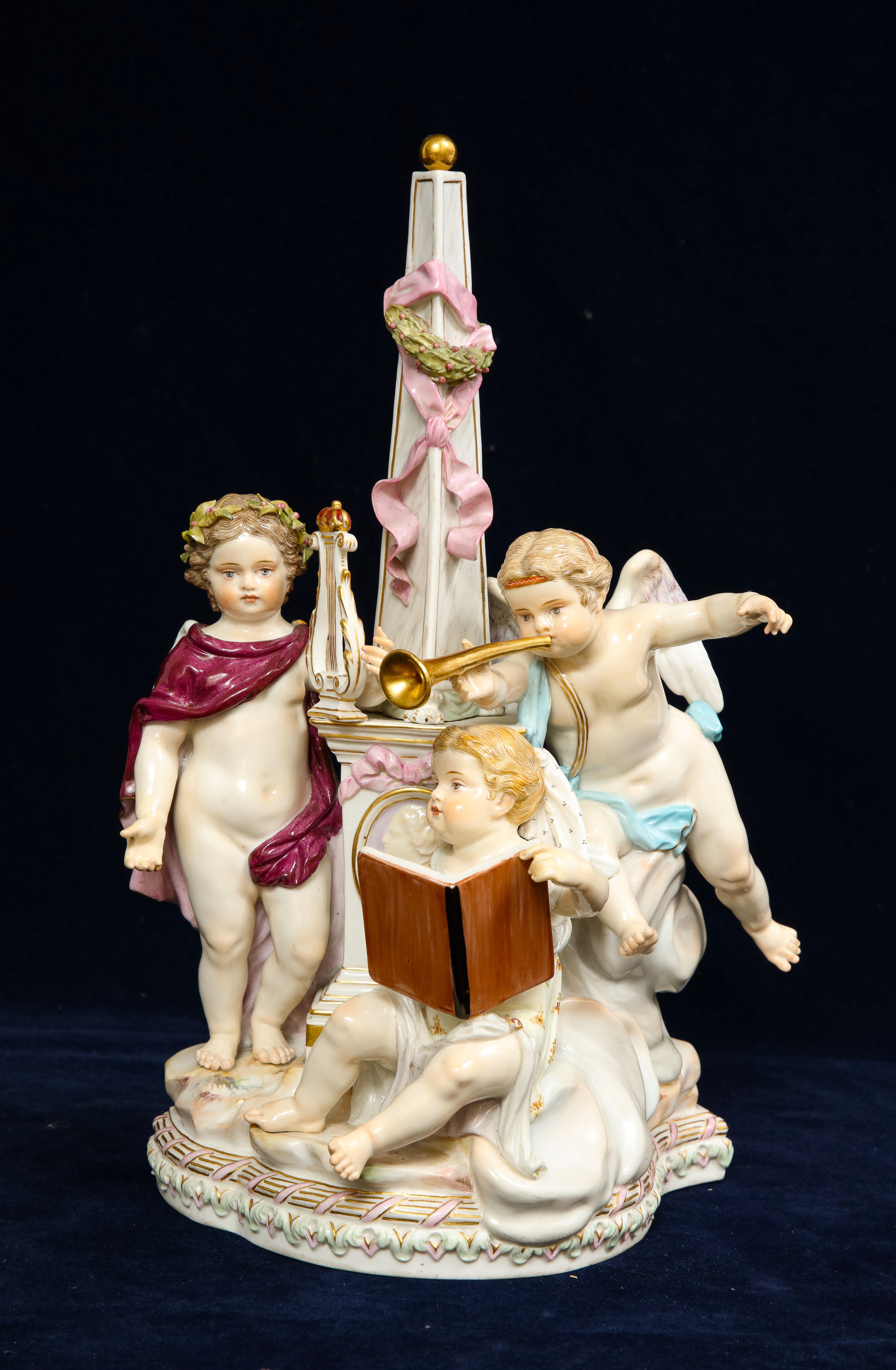 Rococo 19th C Meissen Porcelain Allegorical Group of Three Putti with Musical Motifs For Sale