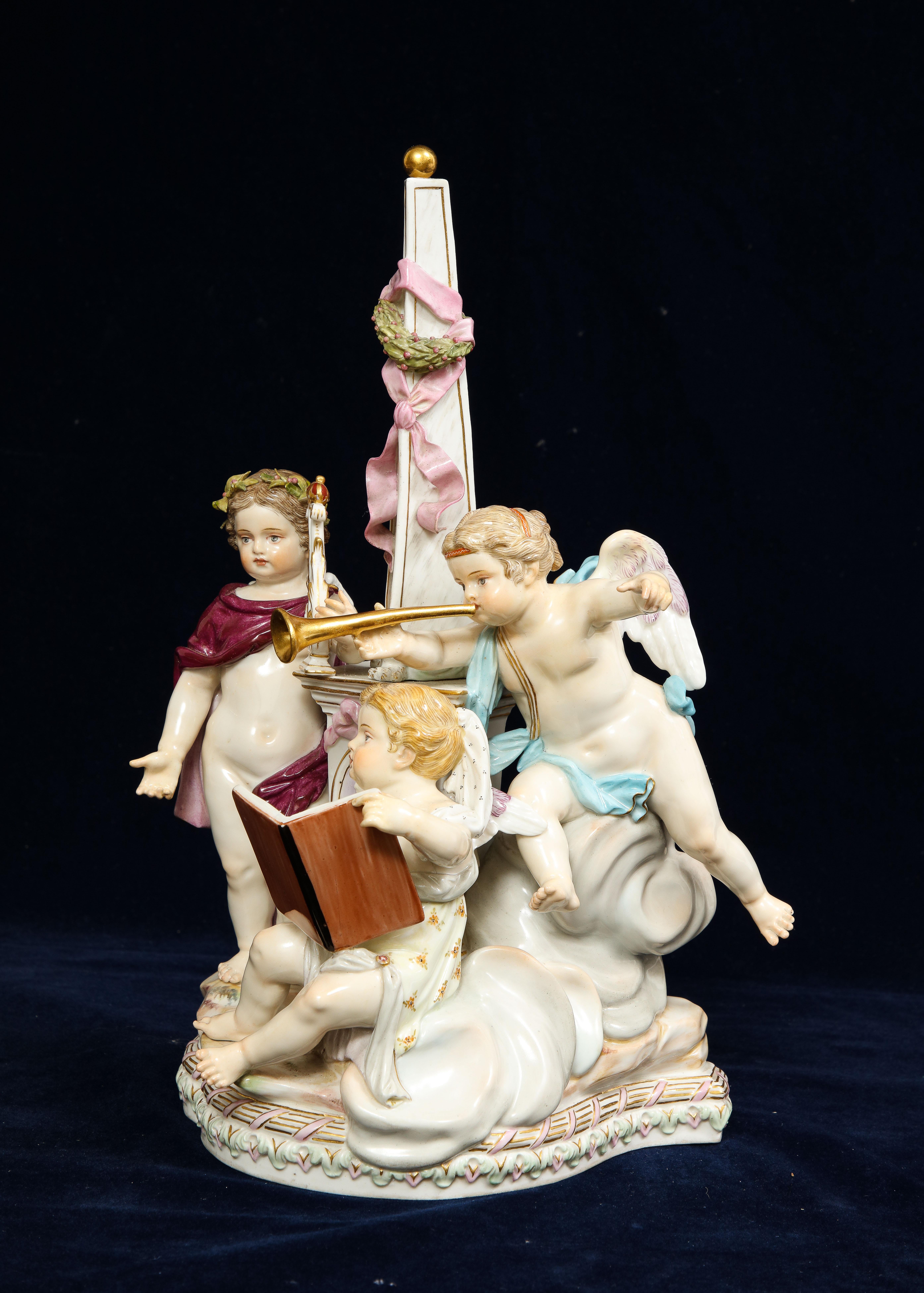 Hand-Painted 19th C Meissen Porcelain Allegorical Group of Three Putti with Musical Motifs For Sale