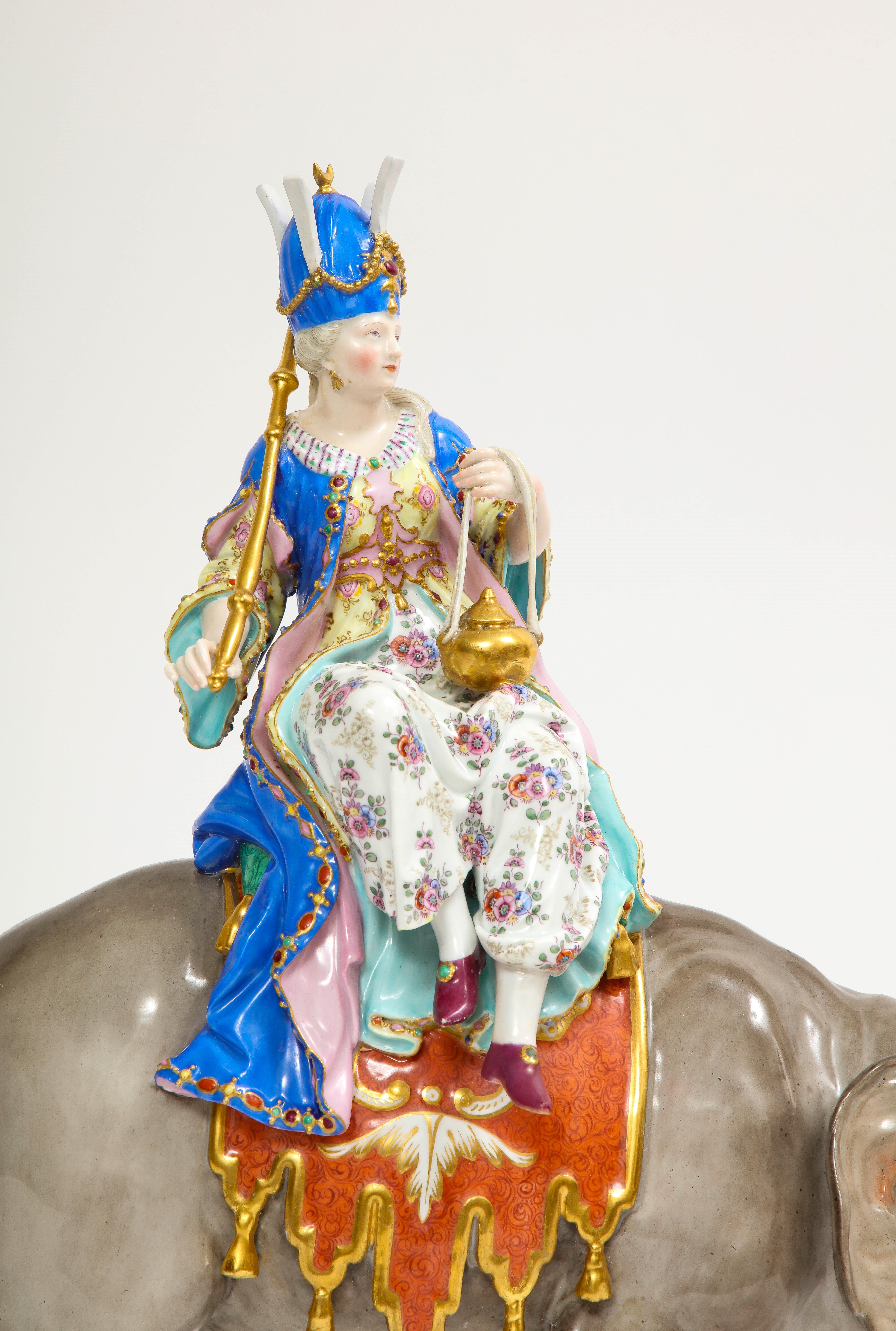 Hand-Carved 19th C. Meissen Porcelain Figure of a Sultana Riding an Elephant with a Crown For Sale