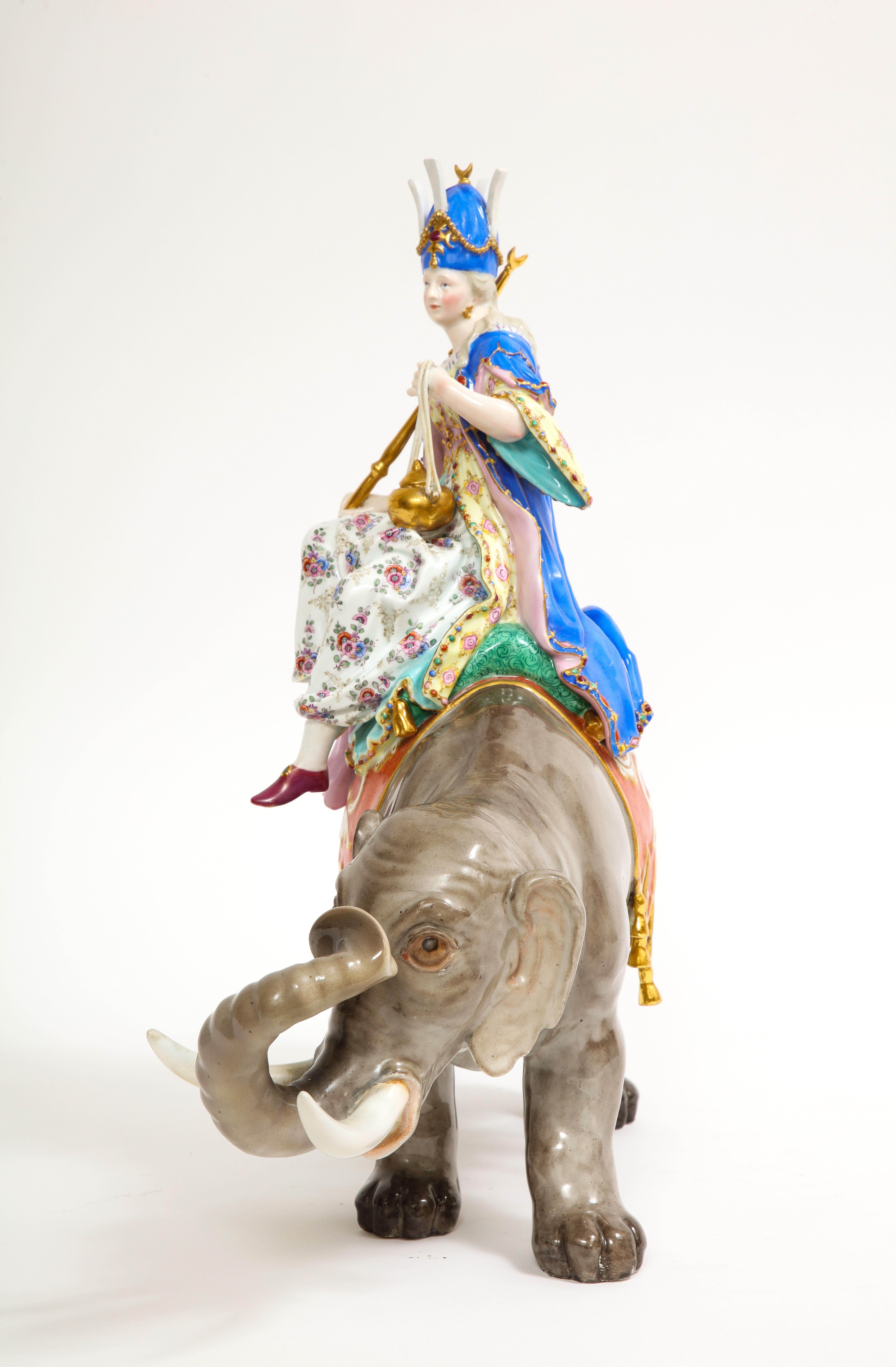 19th C. Meissen Porcelain Figure of a Sultana Riding an Elephant with a Crown In Good Condition For Sale In New York, NY