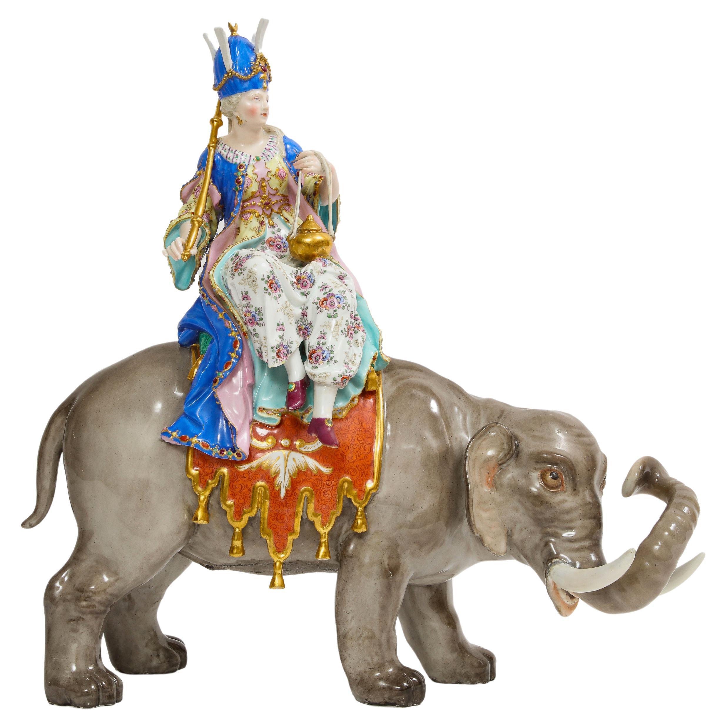 19th C. Meissen Porcelain Figure of a Sultana Riding an Elephant with a Crown For Sale