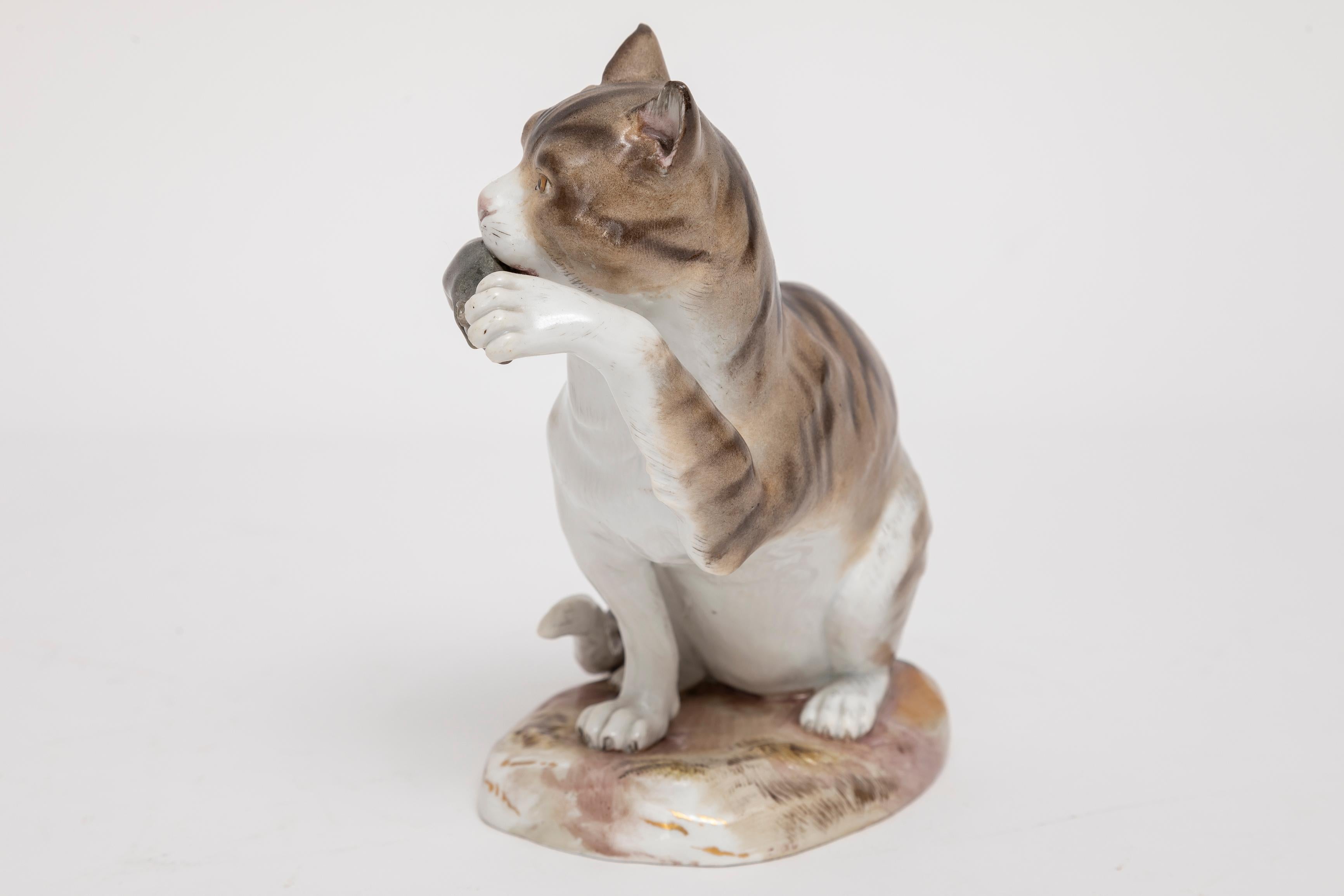 German A 19th C. Meissen Porcelain Figurine Depicting a Cat with Captured Mouse For Sale