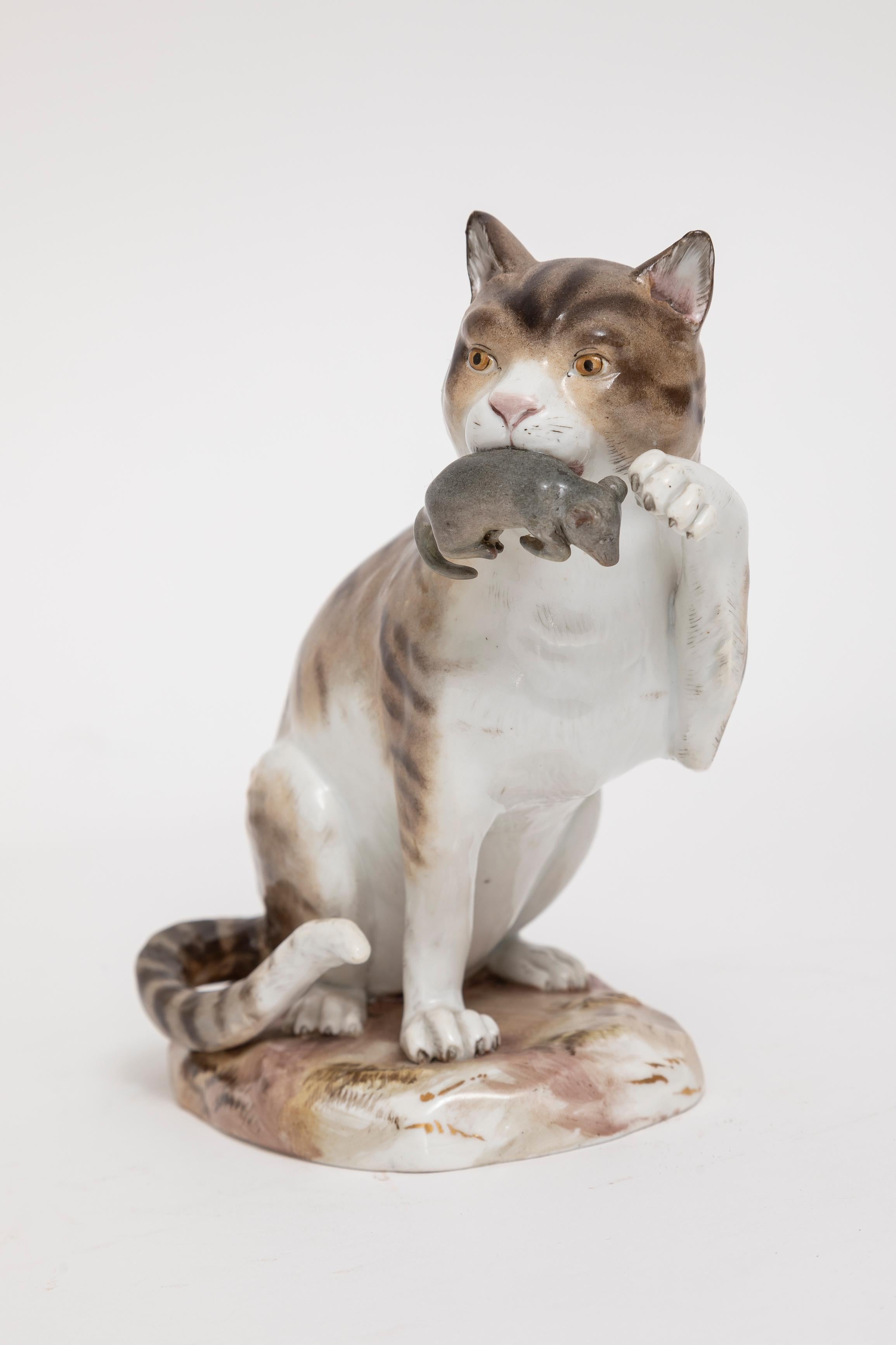 Hand-Carved A 19th C. Meissen Porcelain Figurine Depicting a Cat with Captured Mouse For Sale