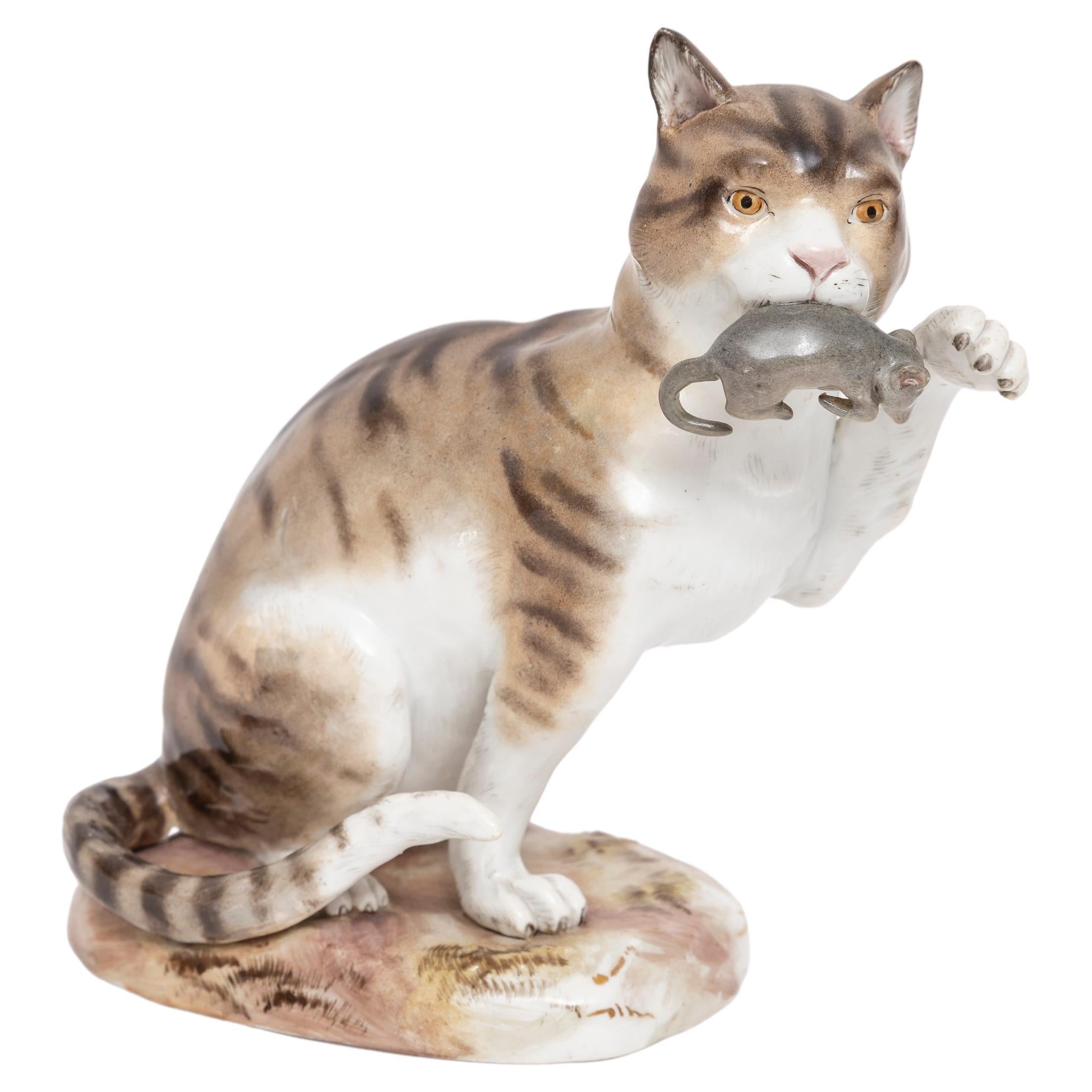 A 19th C. Meissen Porcelain Figurine Depicting a Cat with Captured Mouse For Sale