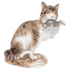 Antique A 19th C. Meissen Porcelain Figurine Depicting a Cat with Captured Mouse