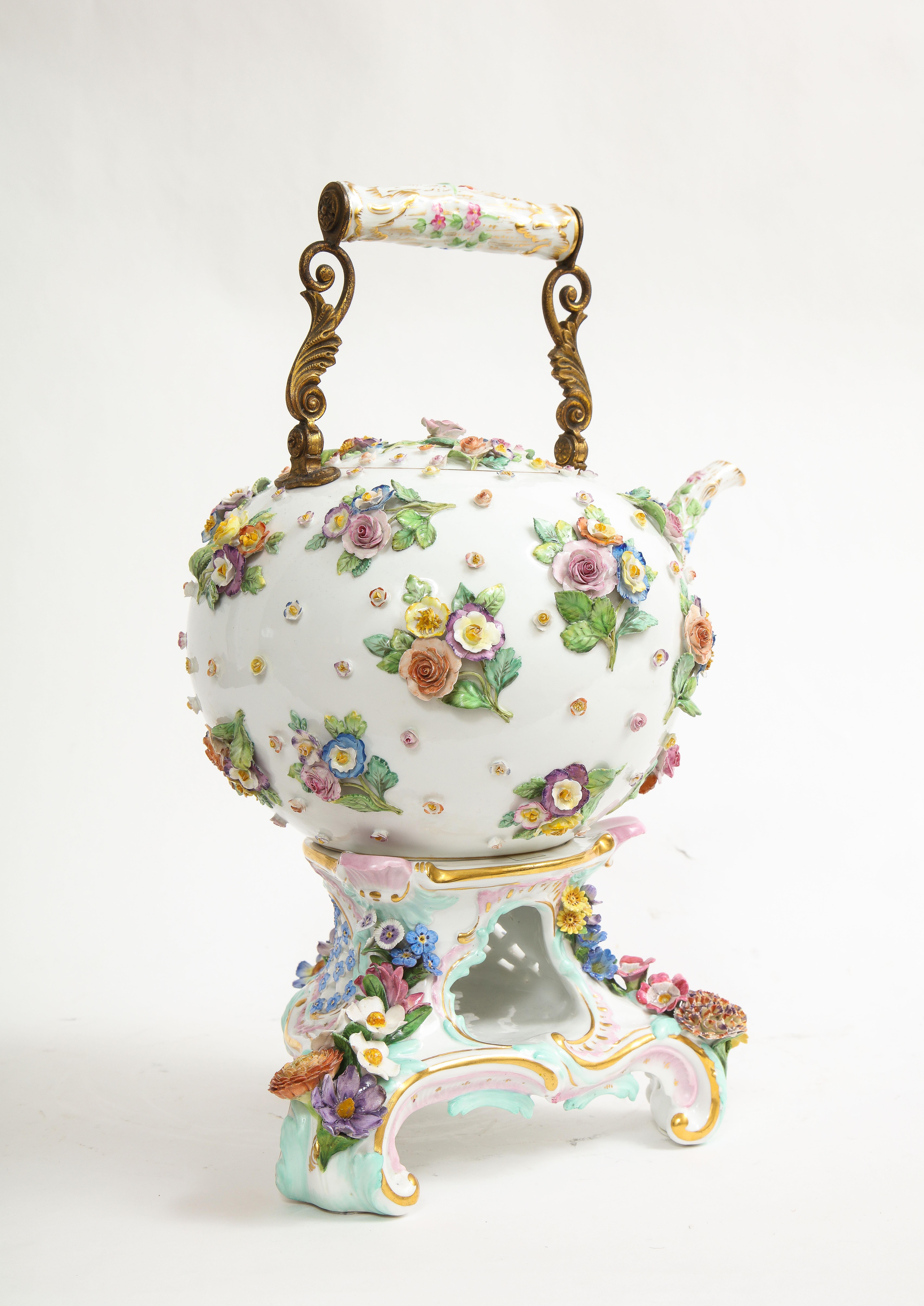Late 19th Century A 19th C. Meissen Porcelain Flower Encrusted Tea Pot w/ Meissen Porcelain Stand