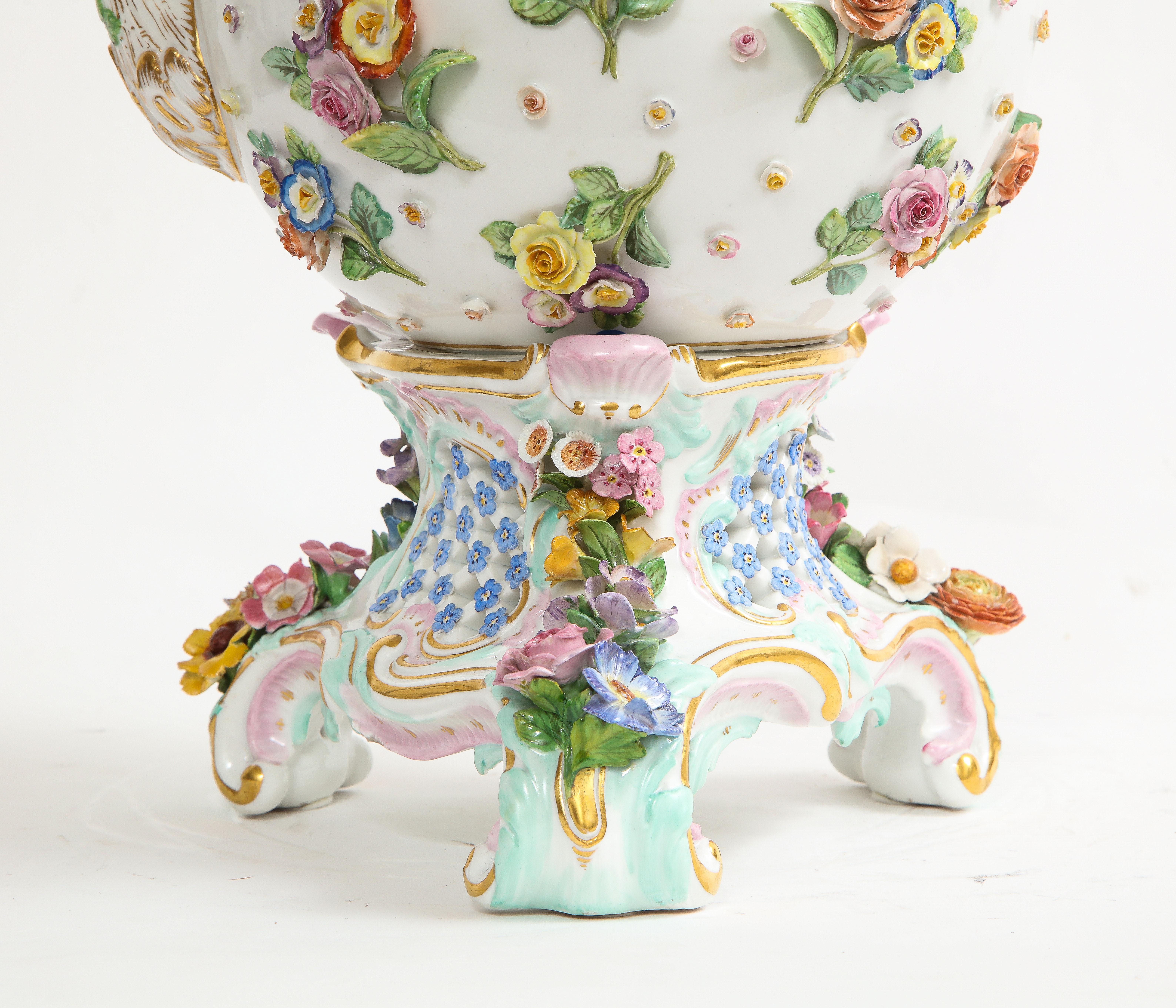 A 19th C. Meissen Porcelain Flower Encrusted Tea Pot w/ Meissen Porcelain Stand 1