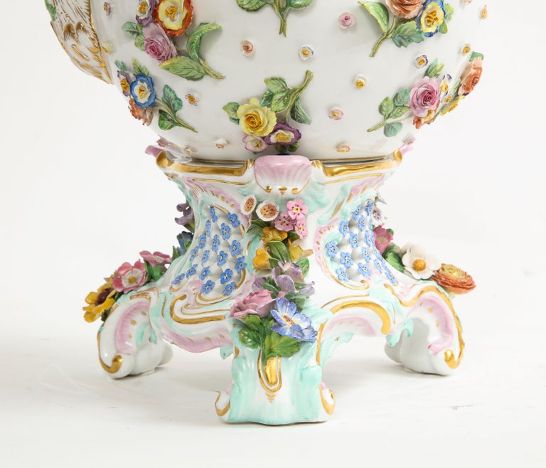 A 19th C. Meissen Porcelain Flower Encrusted Tea Pot w/ Meissen Porcelain Stand 4