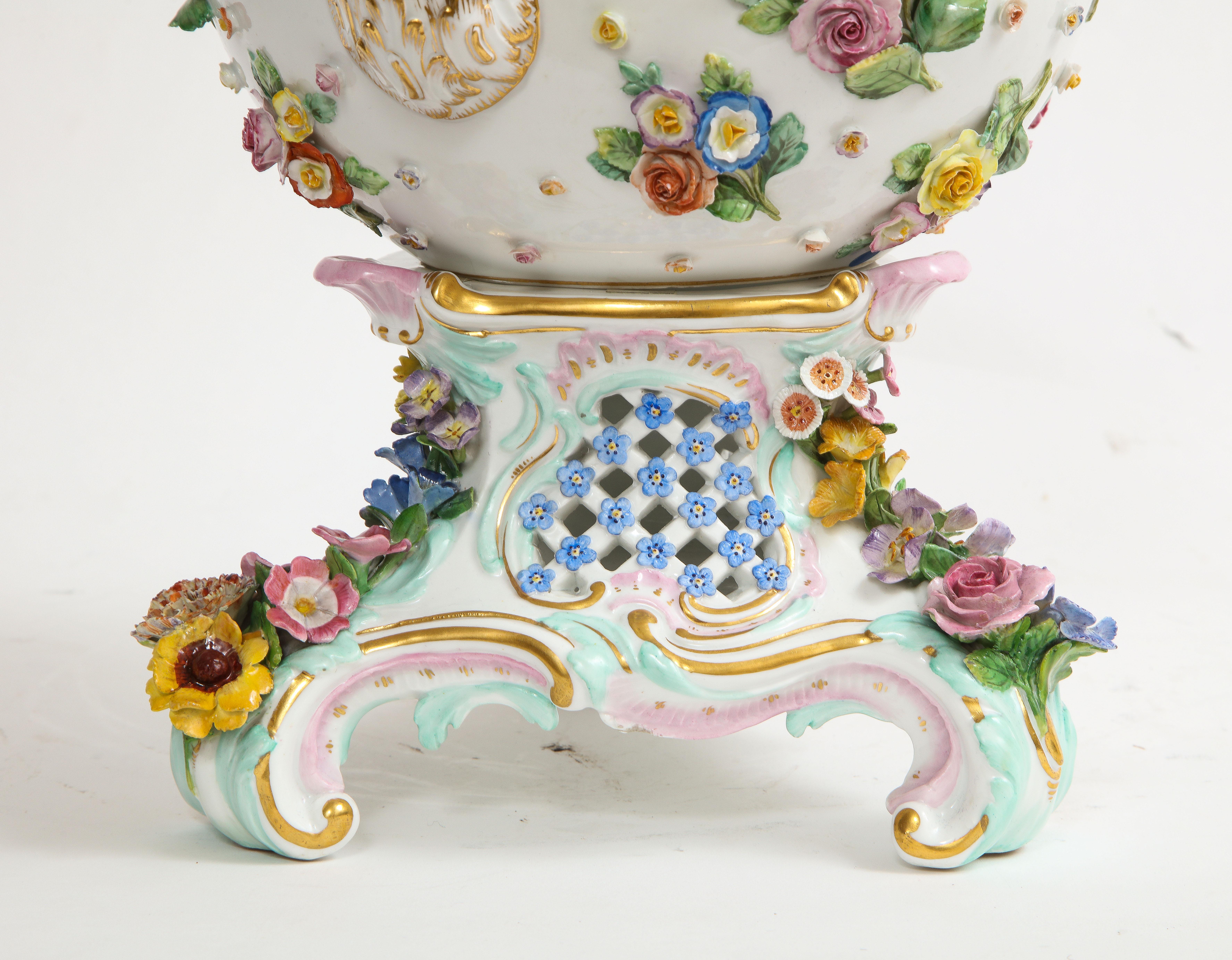 A 19th C. Meissen Porcelain Flower Encrusted Tea Pot w/ Meissen Porcelain Stand 2