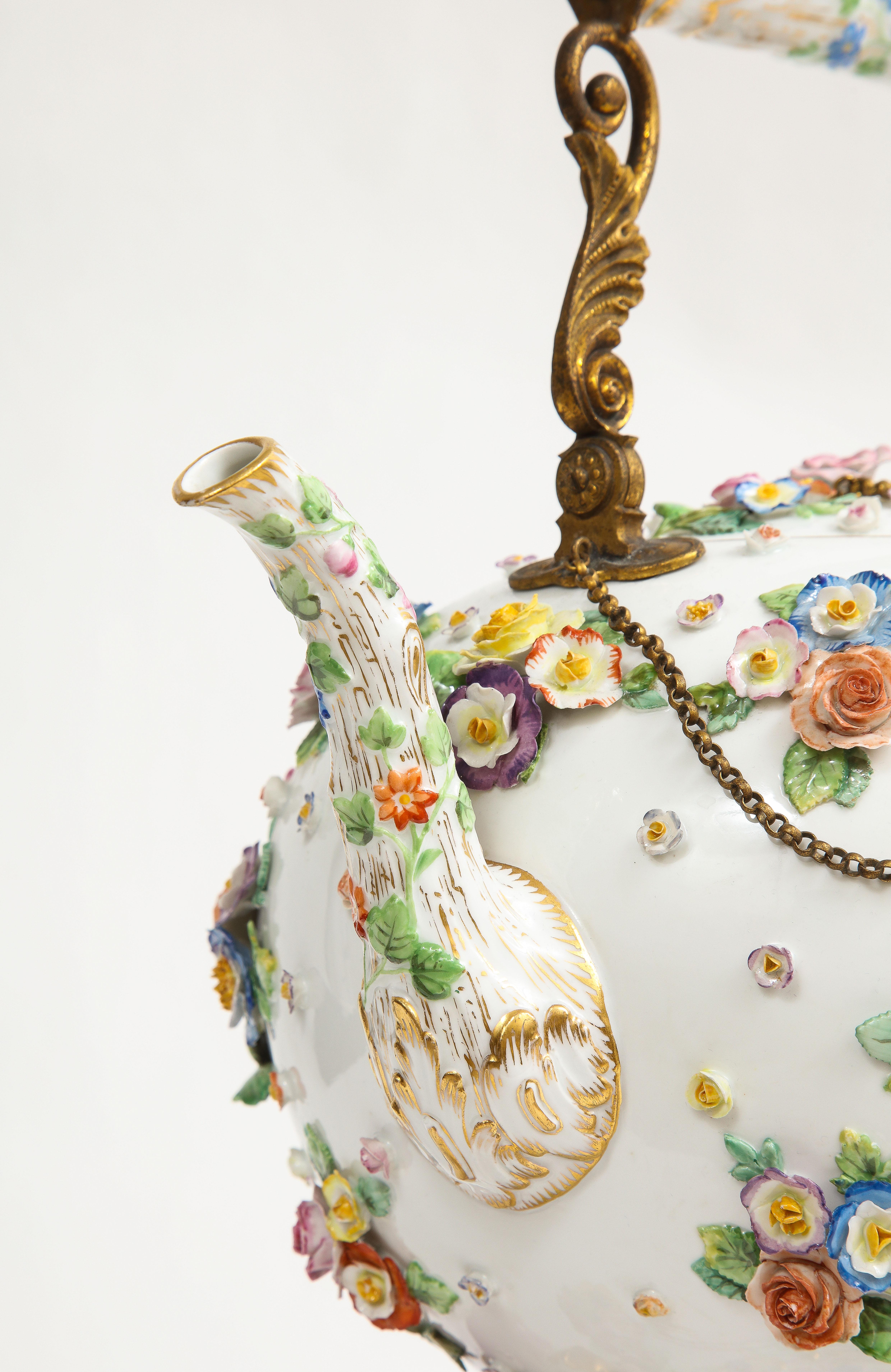 A 19th C. Meissen Porcelain Flower Encrusted Tea Pot w/ Meissen Porcelain Stand 3