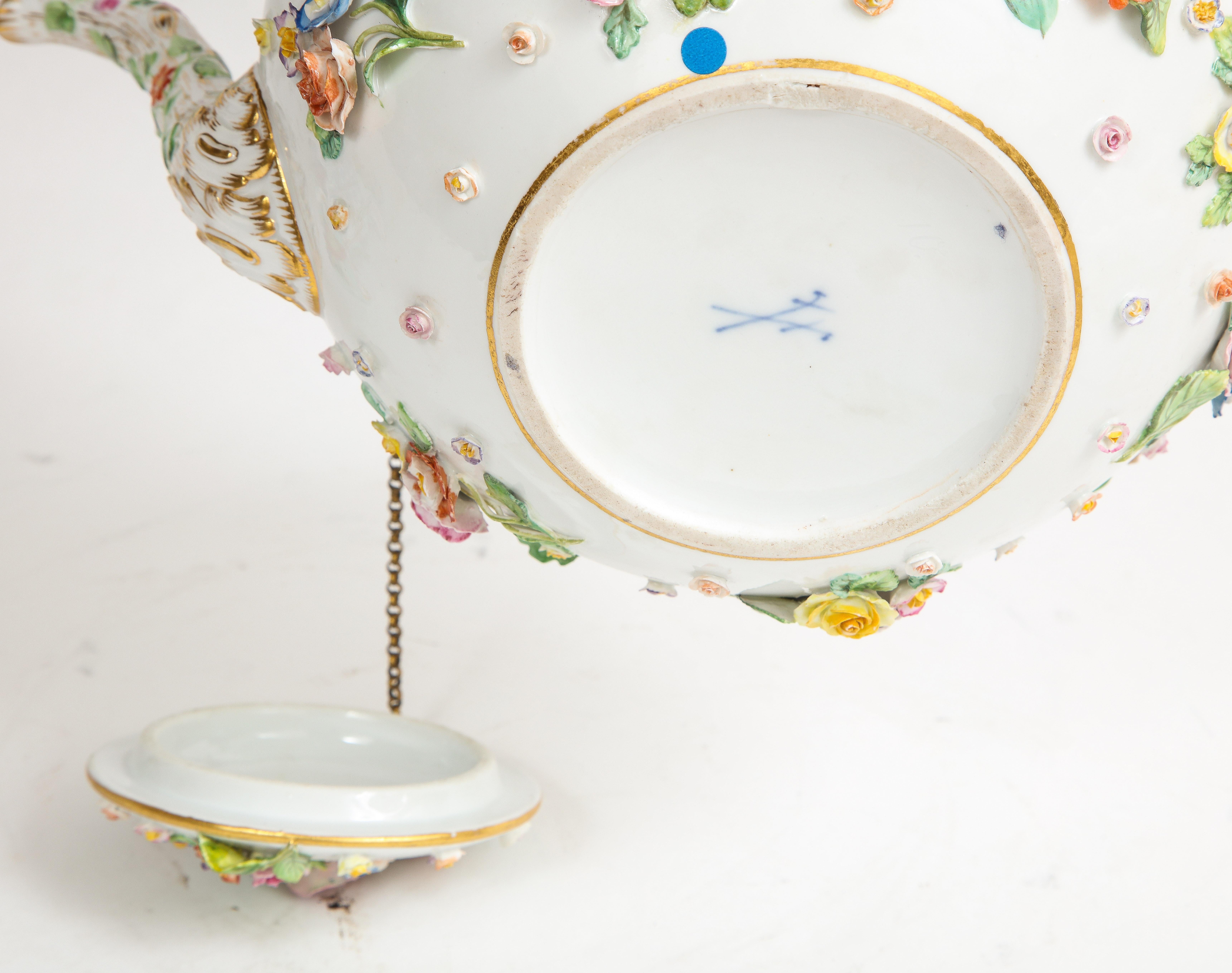 A 19th C. Meissen Porcelain Flower Encrusted Tea Pot w/ Meissen Porcelain Stand 9