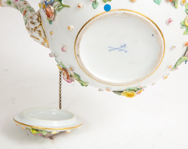 A 19th C. Meissen Porcelain Flower Encrusted Tea Pot w/ Meissen Porcelain Stand 12
