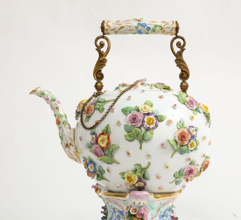 Hand-Carved A 19th C. Meissen Porcelain Flower Encrusted Tea Pot w/ Meissen Porcelain Stand