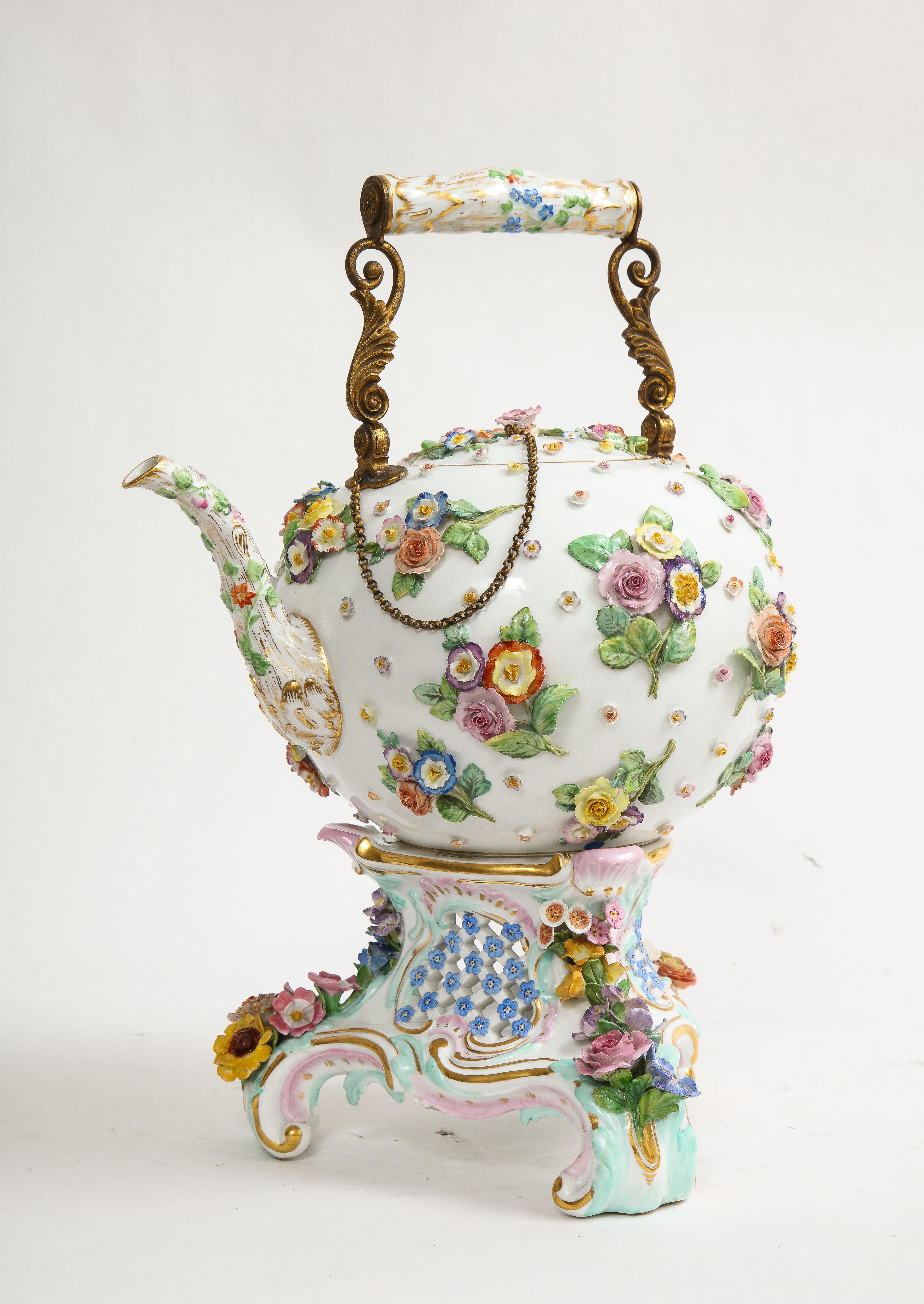 Rococo A 19th C. Meissen Porcelain Flower Encrusted Tea Pot w/ Meissen Porcelain Stand