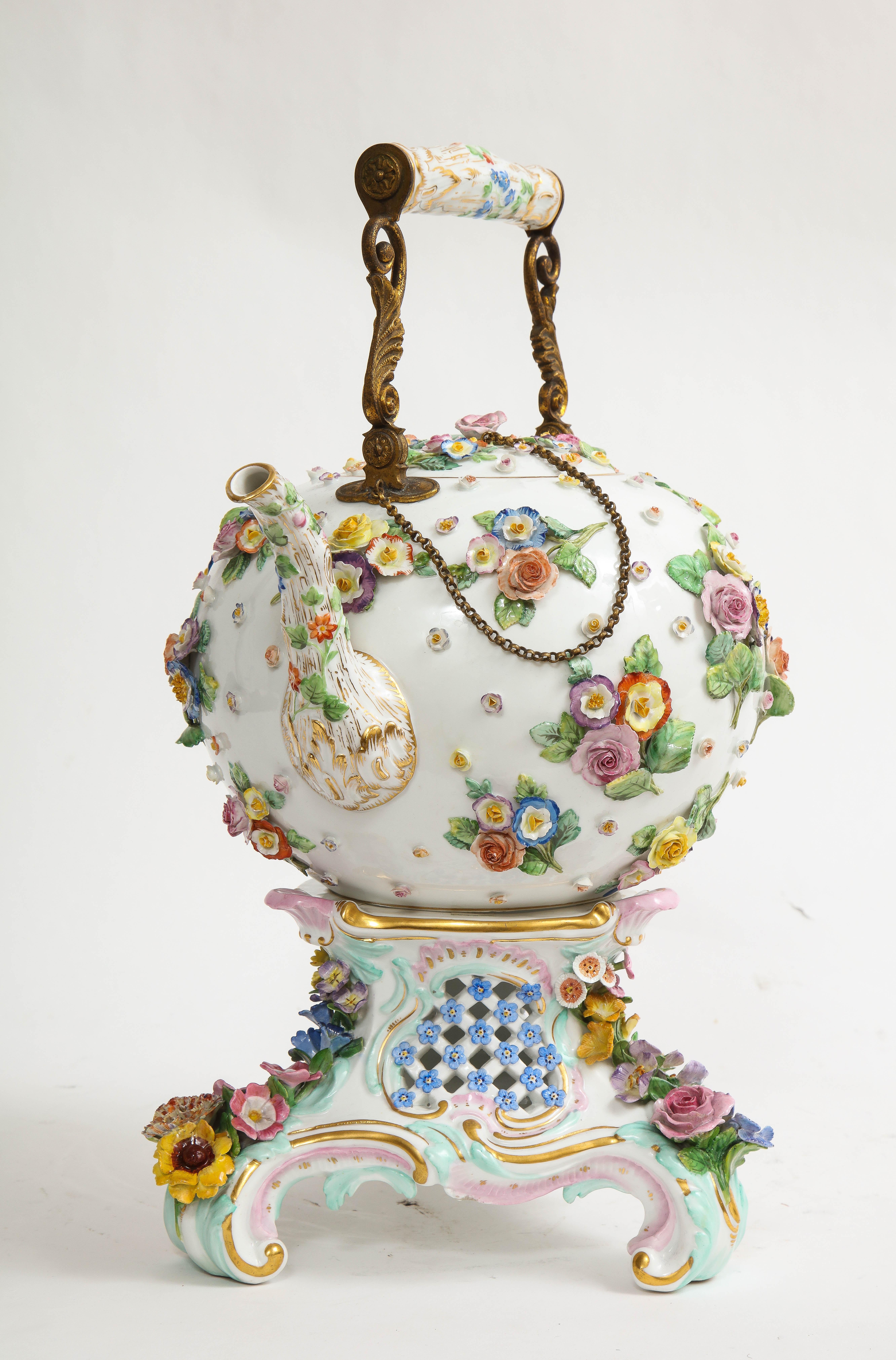 German A 19th C. Meissen Porcelain Flower Encrusted Tea Pot w/ Meissen Porcelain Stand