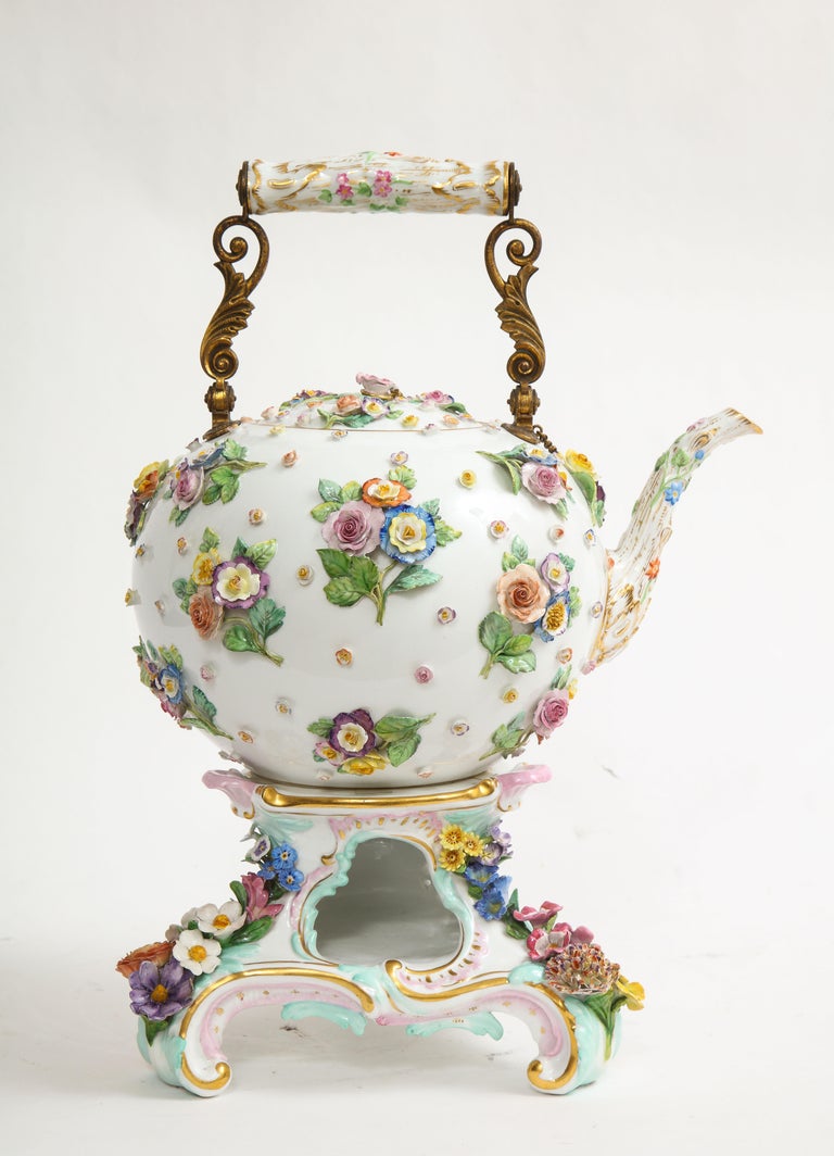 Bronze A 19th C. Meissen Porcelain Flower Encrusted Tea Pot w/ Meissen Porcelain Stand