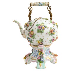 Antique A 19th C. Meissen Porcelain Flower Encrusted Tea Pot w/ Meissen Porcelain Stand