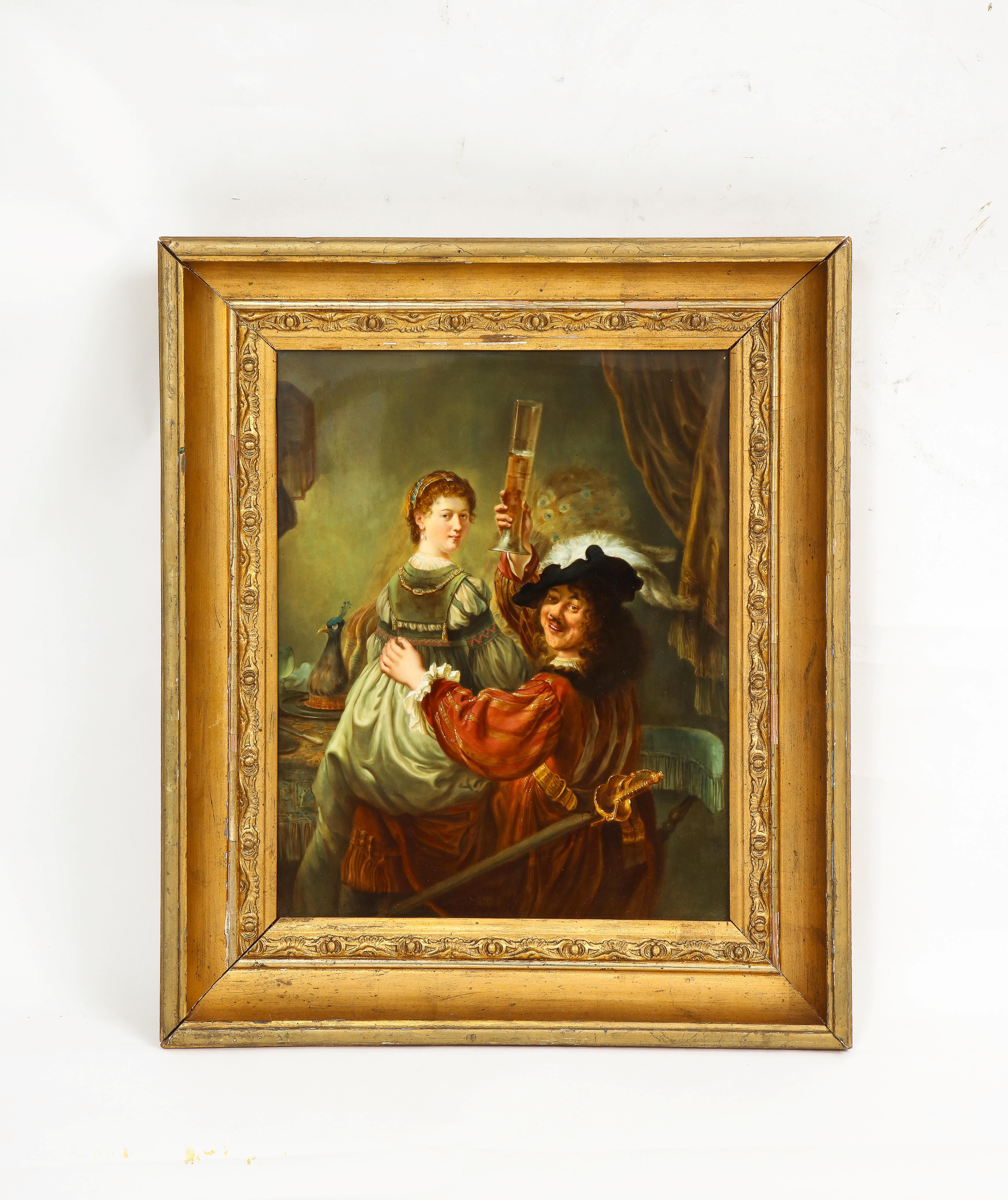 An incredible and very rare 19th Century Meissen porcelain plaque depicting Rembrandt and Saskia in the Tavern. Meissen plaques are incredibly rare and this subject is probably one of the rarest ever produced. The plaque is hand-painted by the best