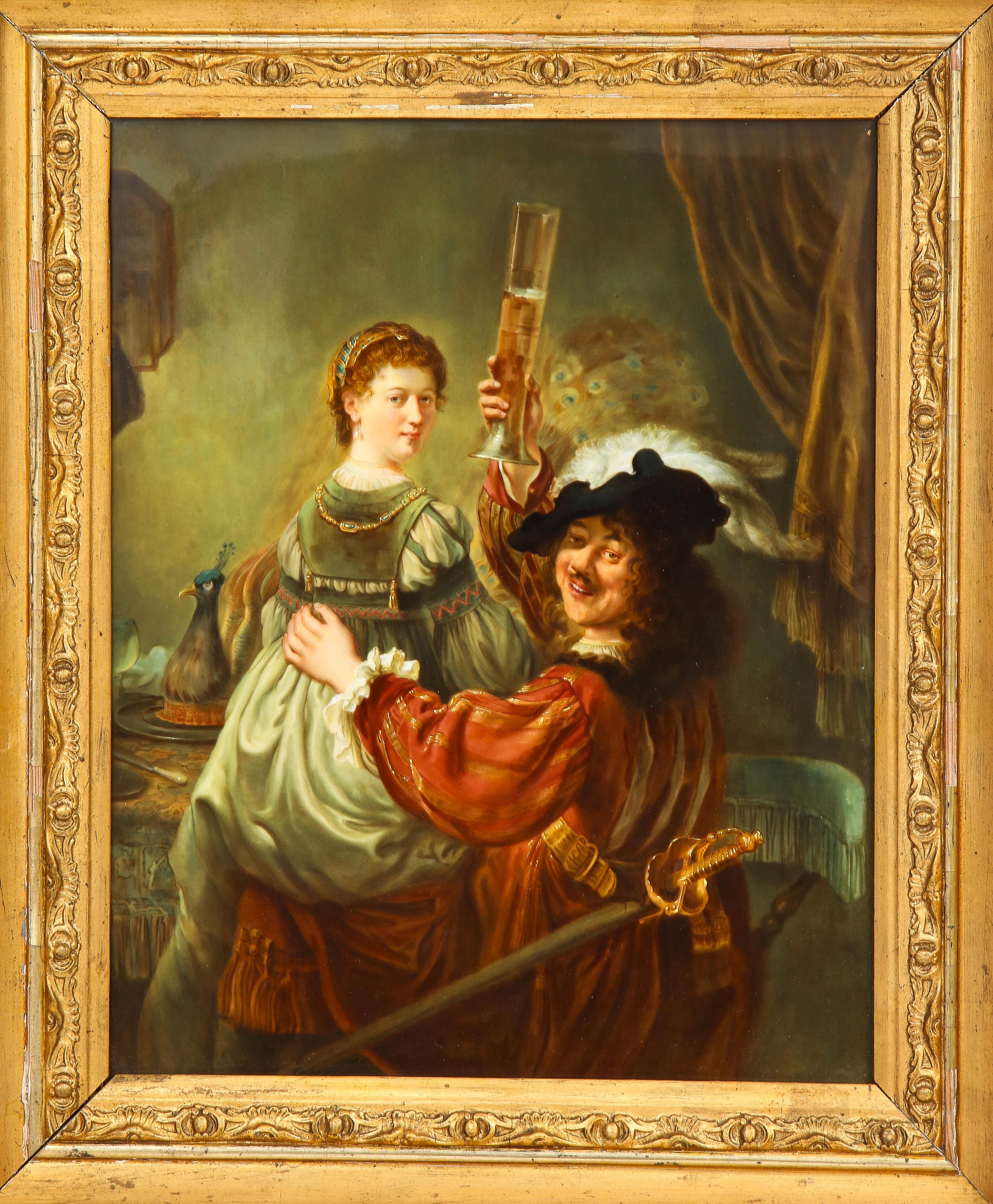 Meissen Porcelain Plaque aus dem 19. Jh. mit der Darstellung von Rembrandt und Saskia in der Taverne (Barock) im Angebot